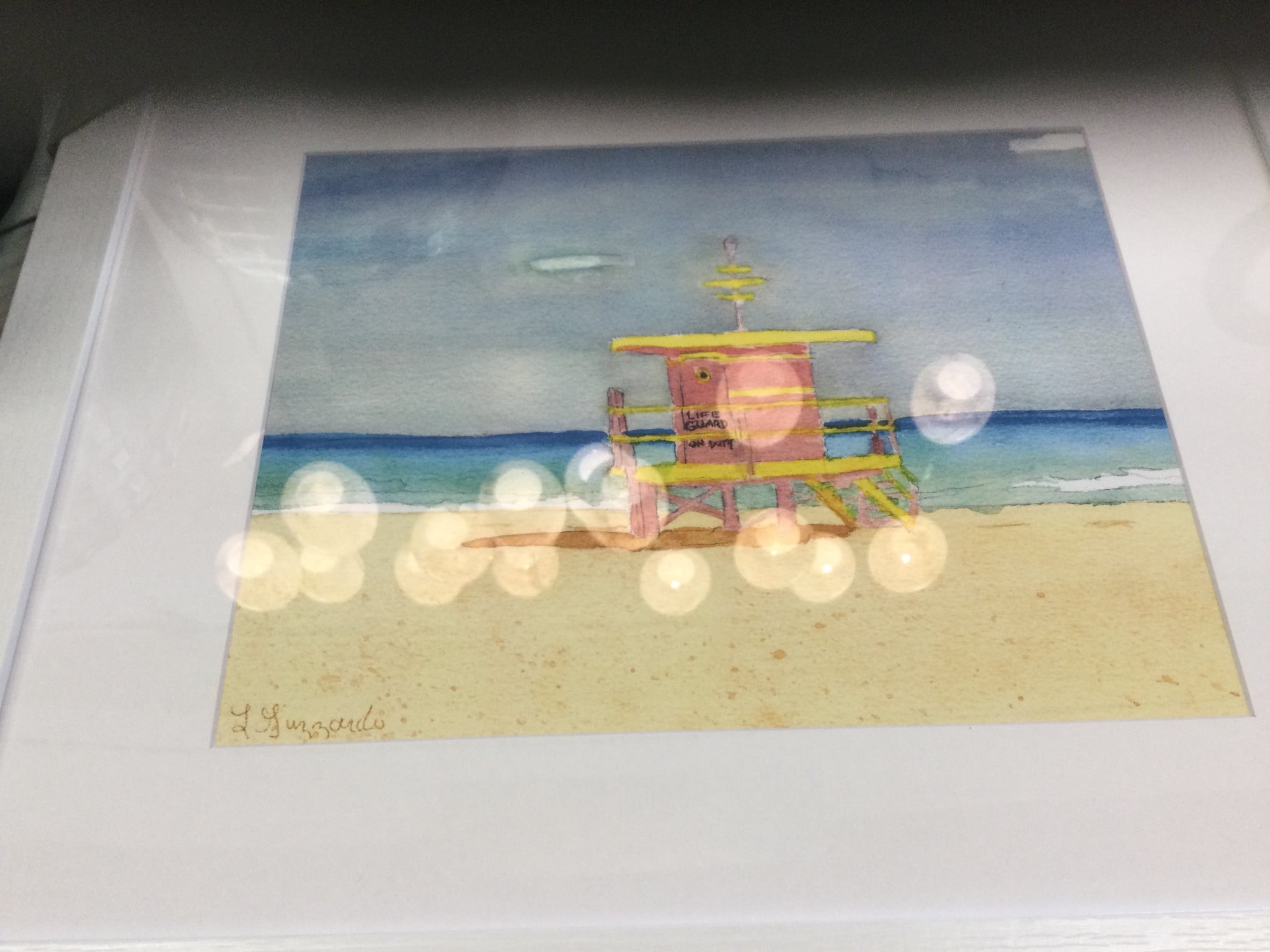 Lifeguard Stand Pink South Beach 22"W x 18.5"H .  Water color print