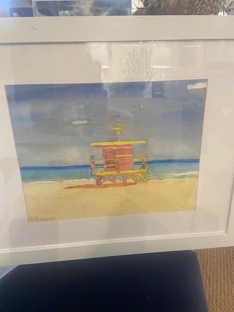 Lifeguard Stand Pink South Beach 22"W x 18.5"H .  Water color print