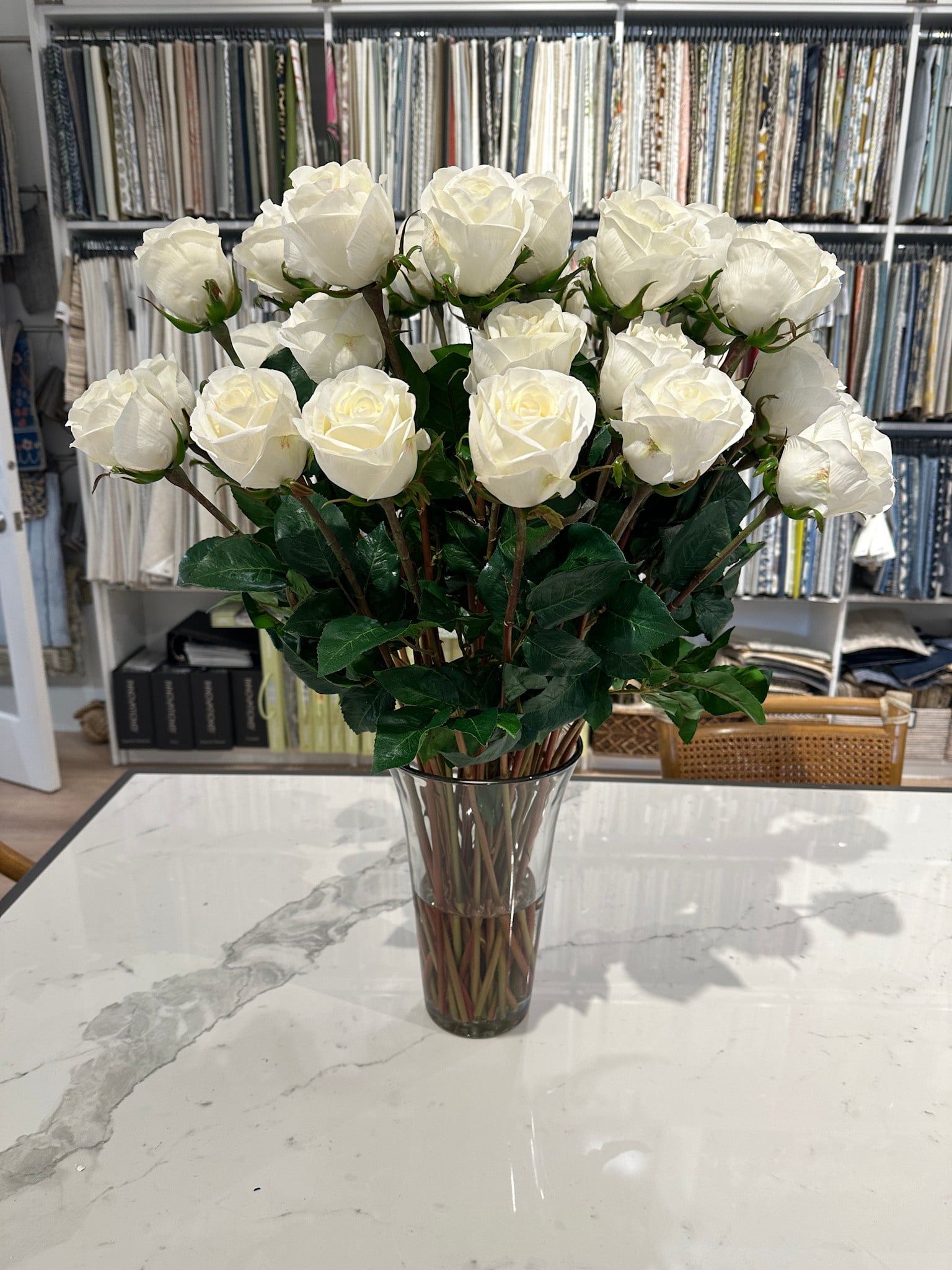 4  Dozen Long Stem Roses in Vase, Faux Water (White)