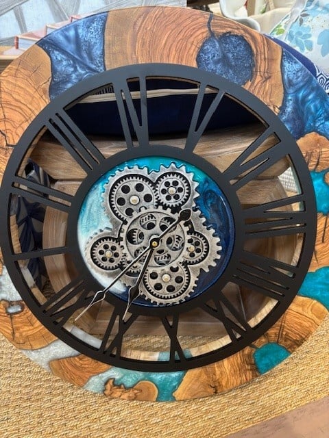Olive Wood Ocean Waves Gears Clock 24"