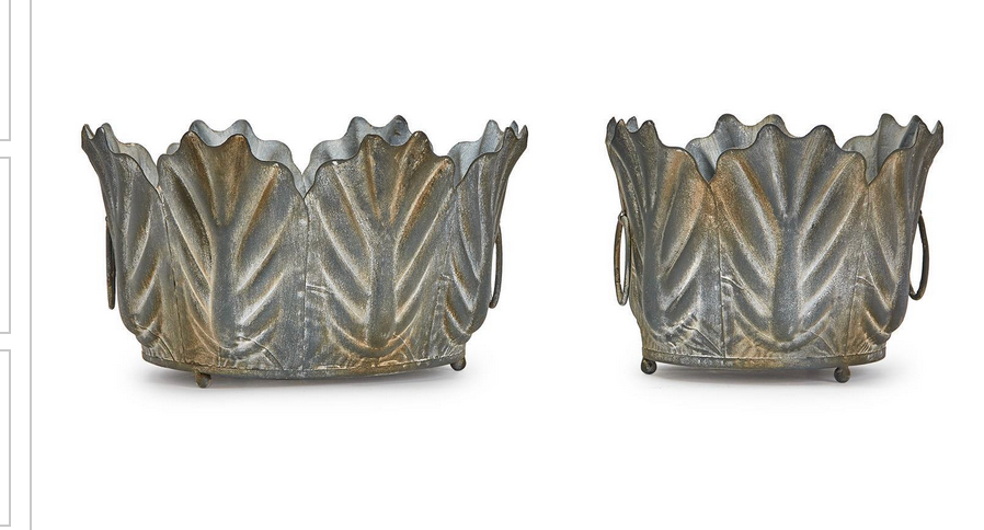 Zinc Garden Leaf Planter - Metal S/26 1/4" H x 8 1/2" Dia, 6 1/2" x 11" Dia