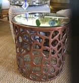 Copper metal table w/antique mirror top 18 3/4" dia x 18"h
