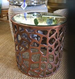 Copper metal table w/antique mirror top 18 3/4" dia x 18"h