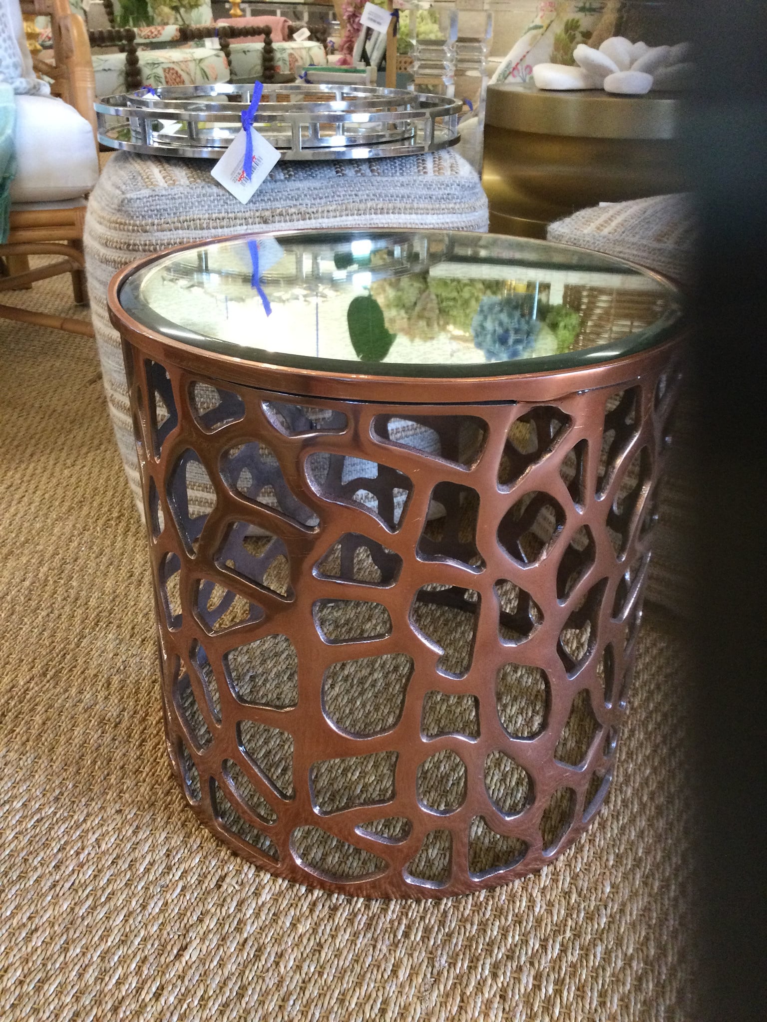 Copper metal table w/antique mirror top 18 3/4" dia x 18"h