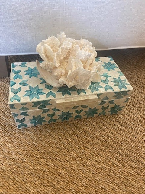 Turquoise Star Box w/Coral & Shells  12"Wx6"Wx4"H