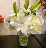 Casablanca Lillies & Hydrangea  in Small Laguna Vase-Faux Water (White)