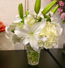 Casablanca Lillies & Hydrangea  in Small Laguna Vase-Faux Water (White)