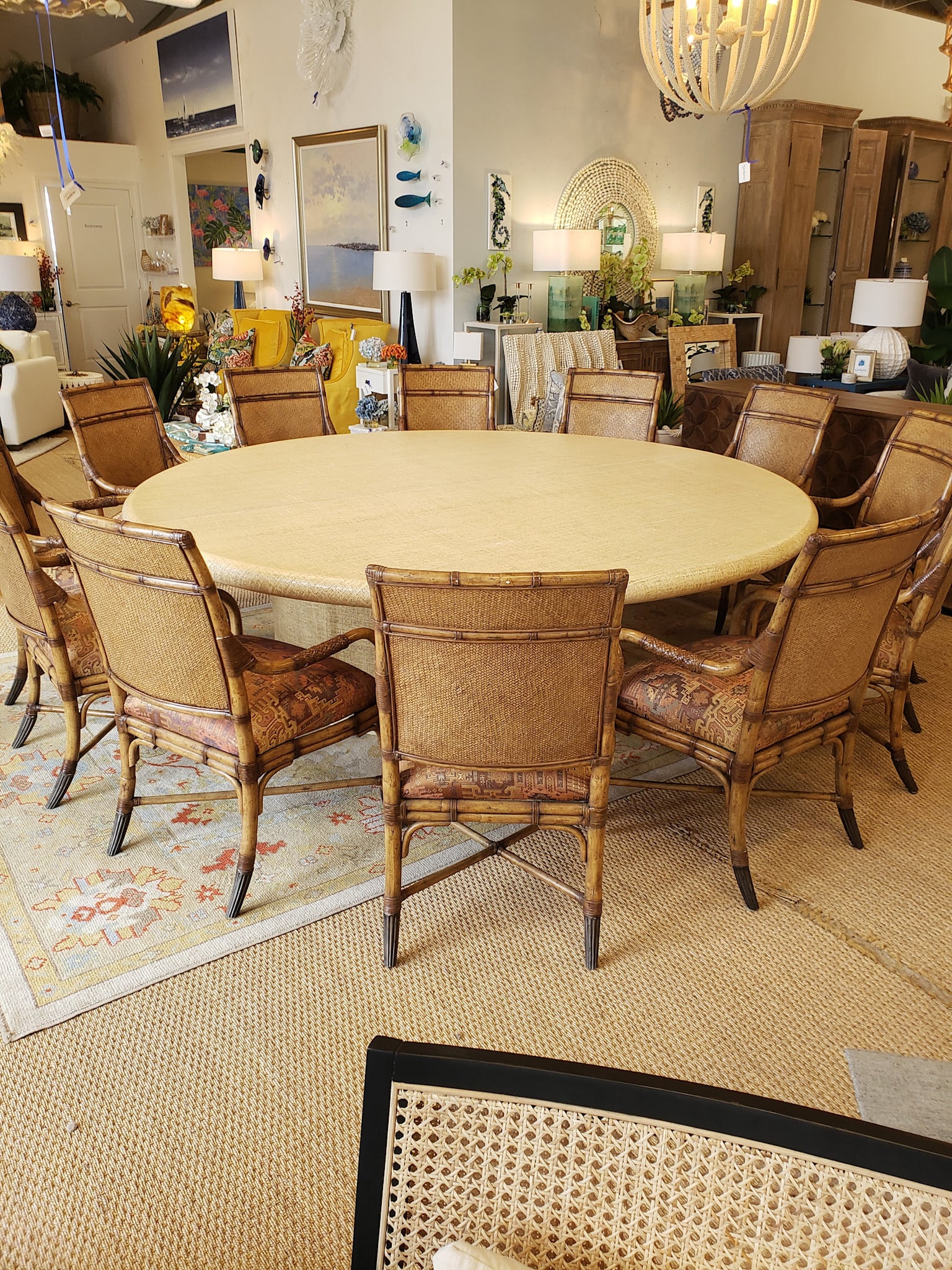 Custom Made Lacquered Raffia Round table 97" x 30"