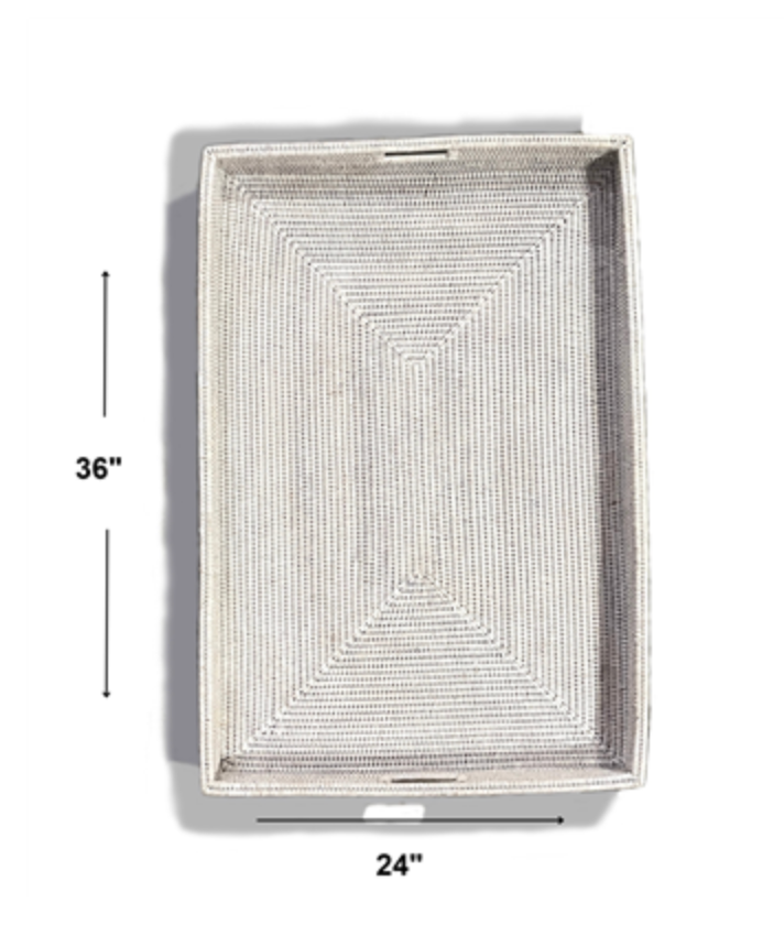 RECTANGULAR SHALLOW TRAY W/ HANDLE - WHITE WASH 36X24X3'H