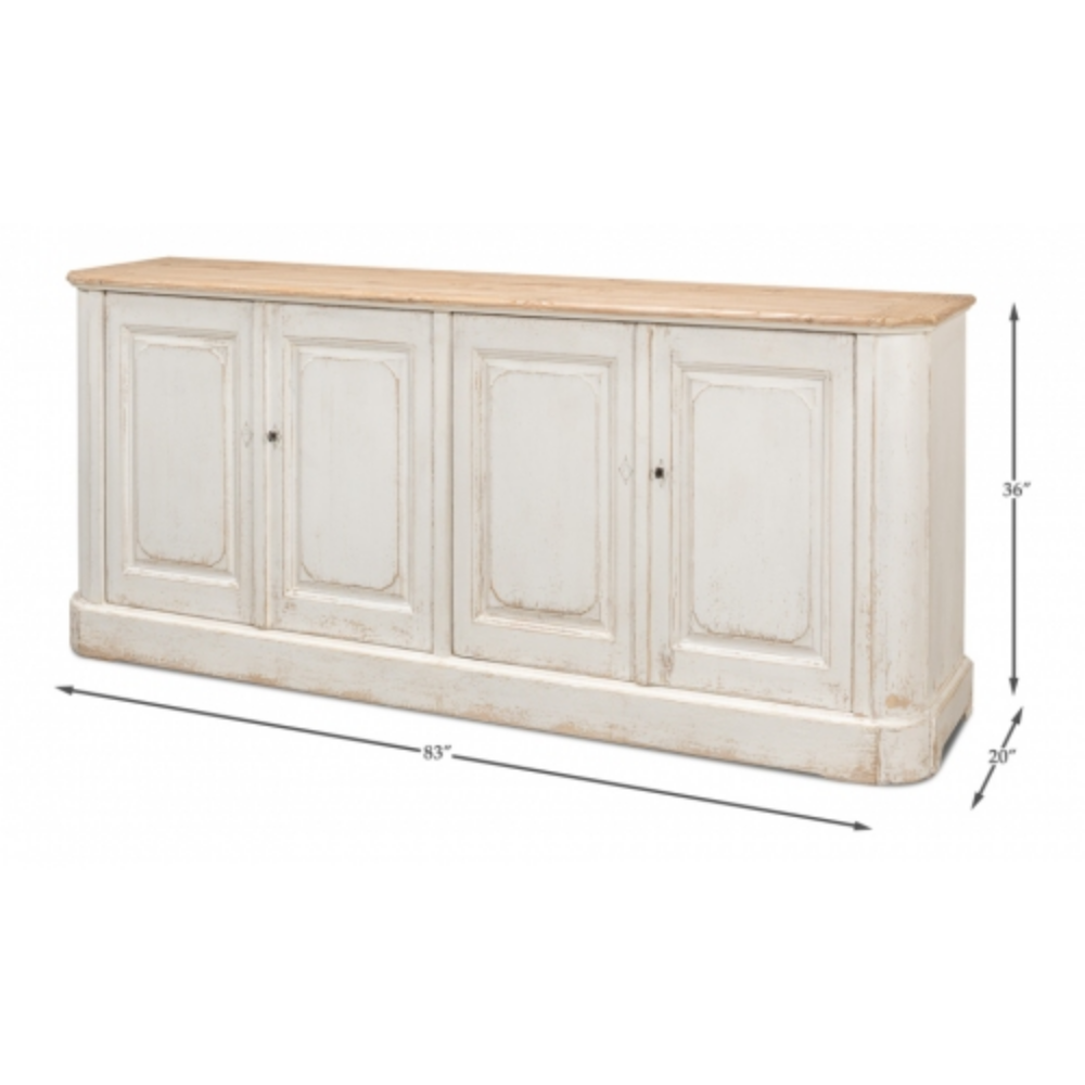 Antique Whitewash Sideboard, 4 Door - 83"w x 20"d x 36"h
