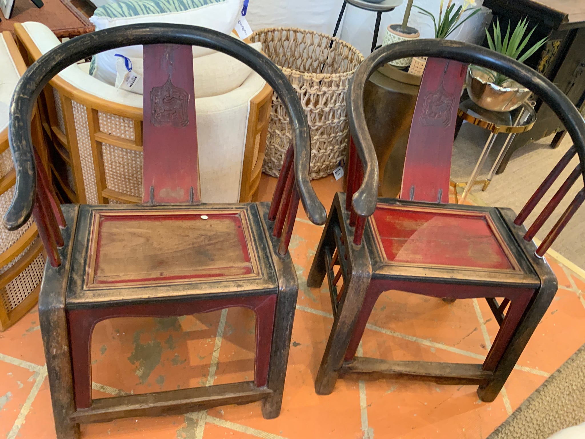 PAIR OF ANTIQUE WOODEN HORSESHOE CHAIRS
