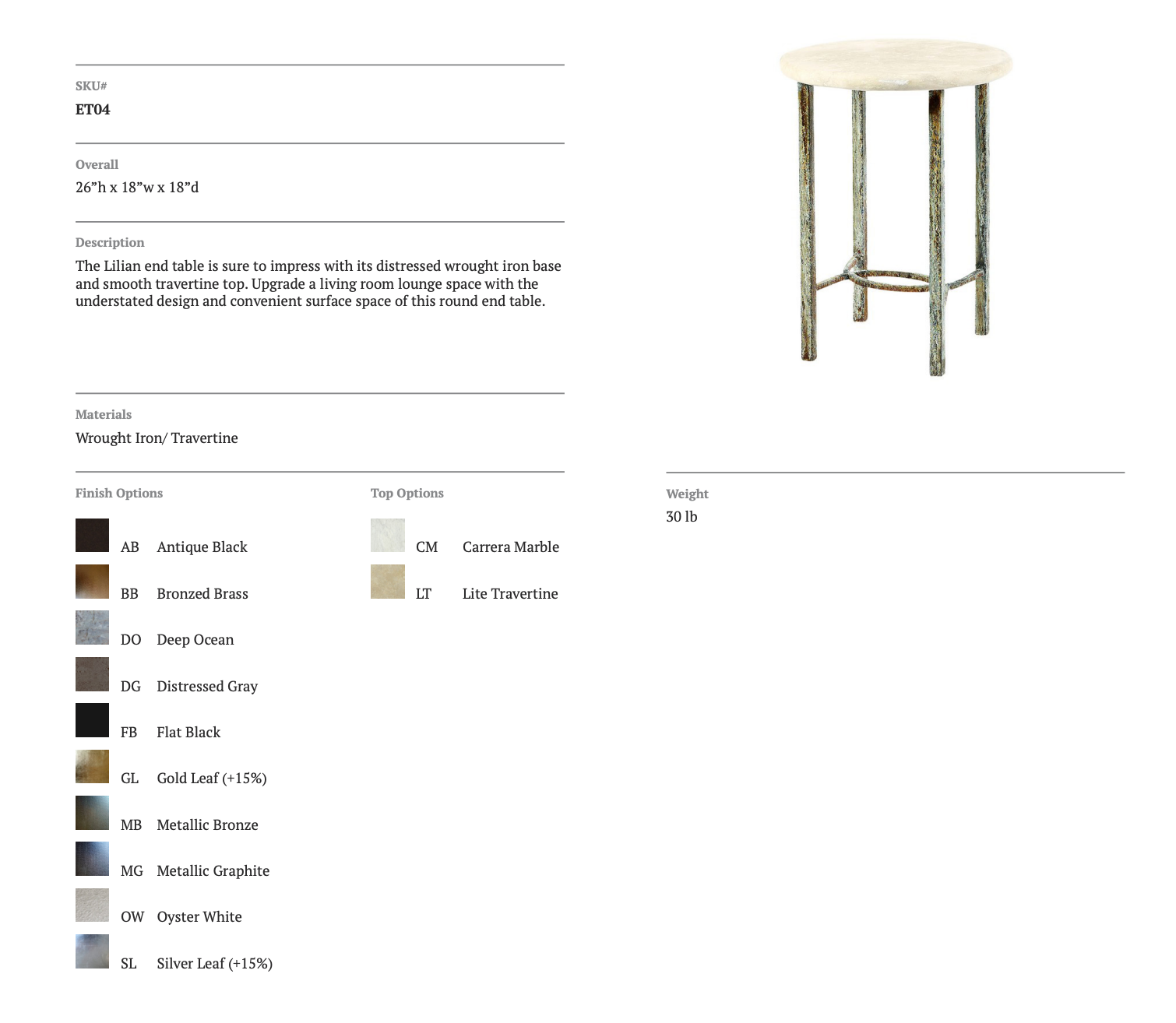 Lilian End Table  26"H, 18"DIA. Oyster White Finish, Light Travertine Top