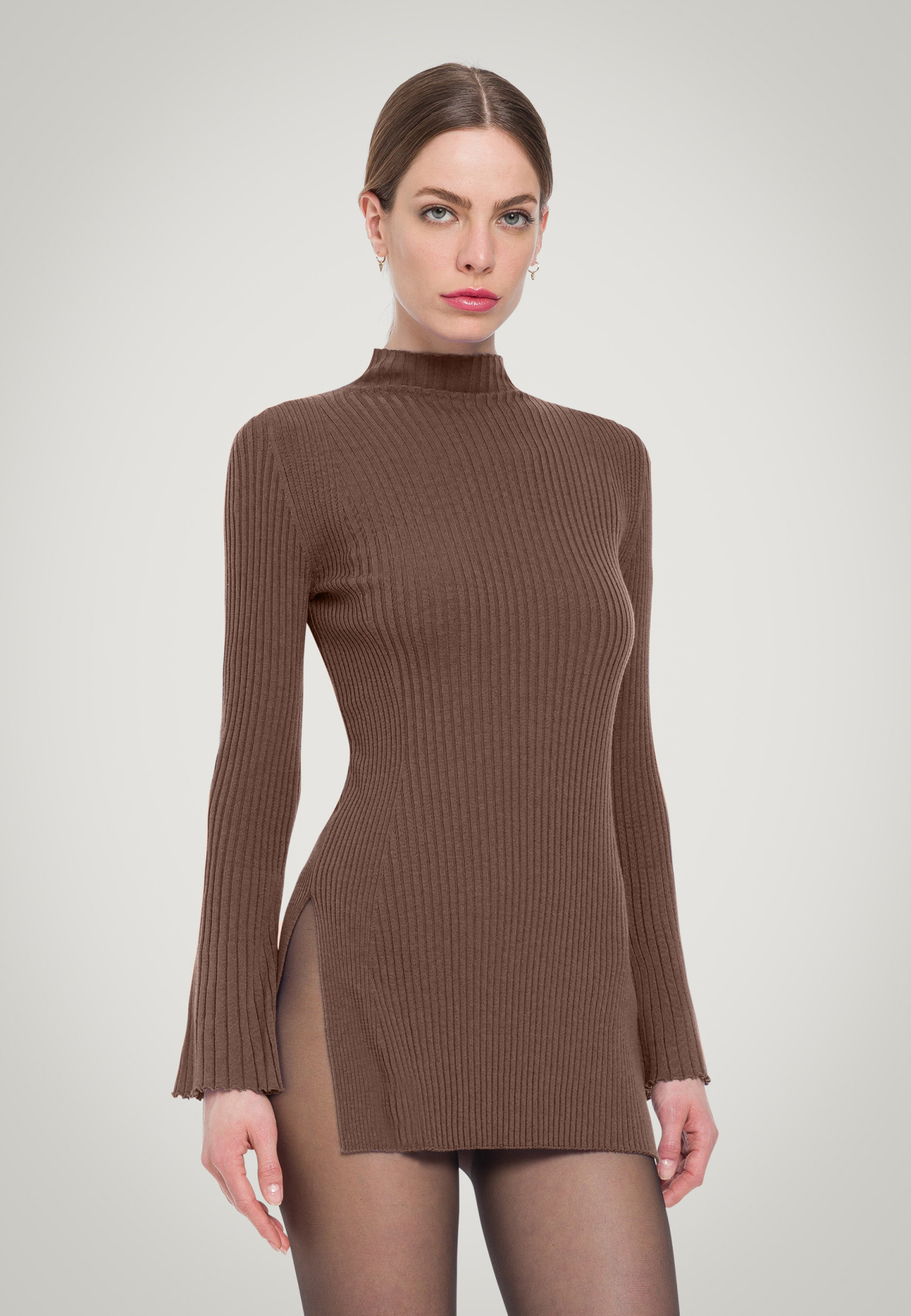 Ribbed Knit Funnel Neck Half Zip Long Sleeve Casual Top