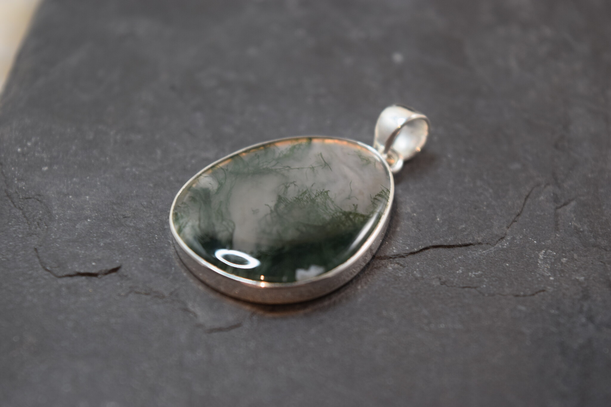 SS Moss Agate 30mm cabochon Pendant