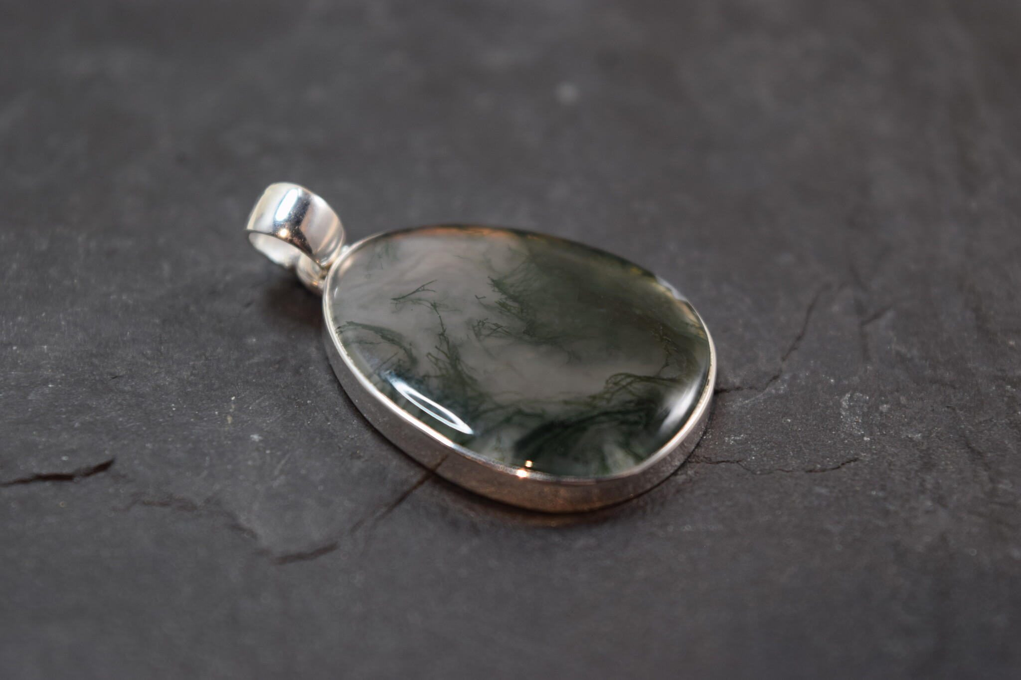 SS Moss Agate 30mm cabochon Pendant