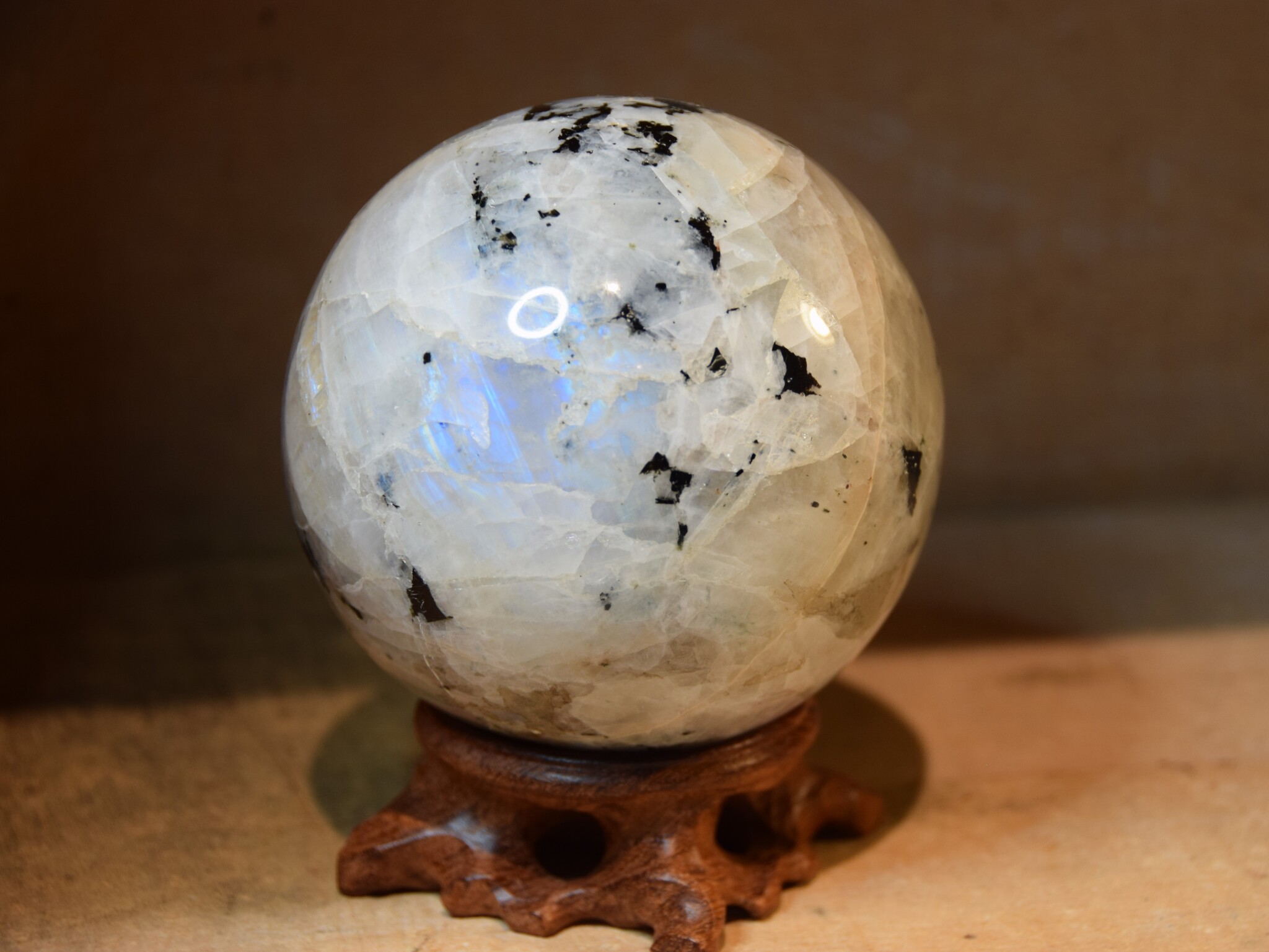 Rainbow Moonstone and Black Tourmaline Sphere, 94mm. 1.18 Kg