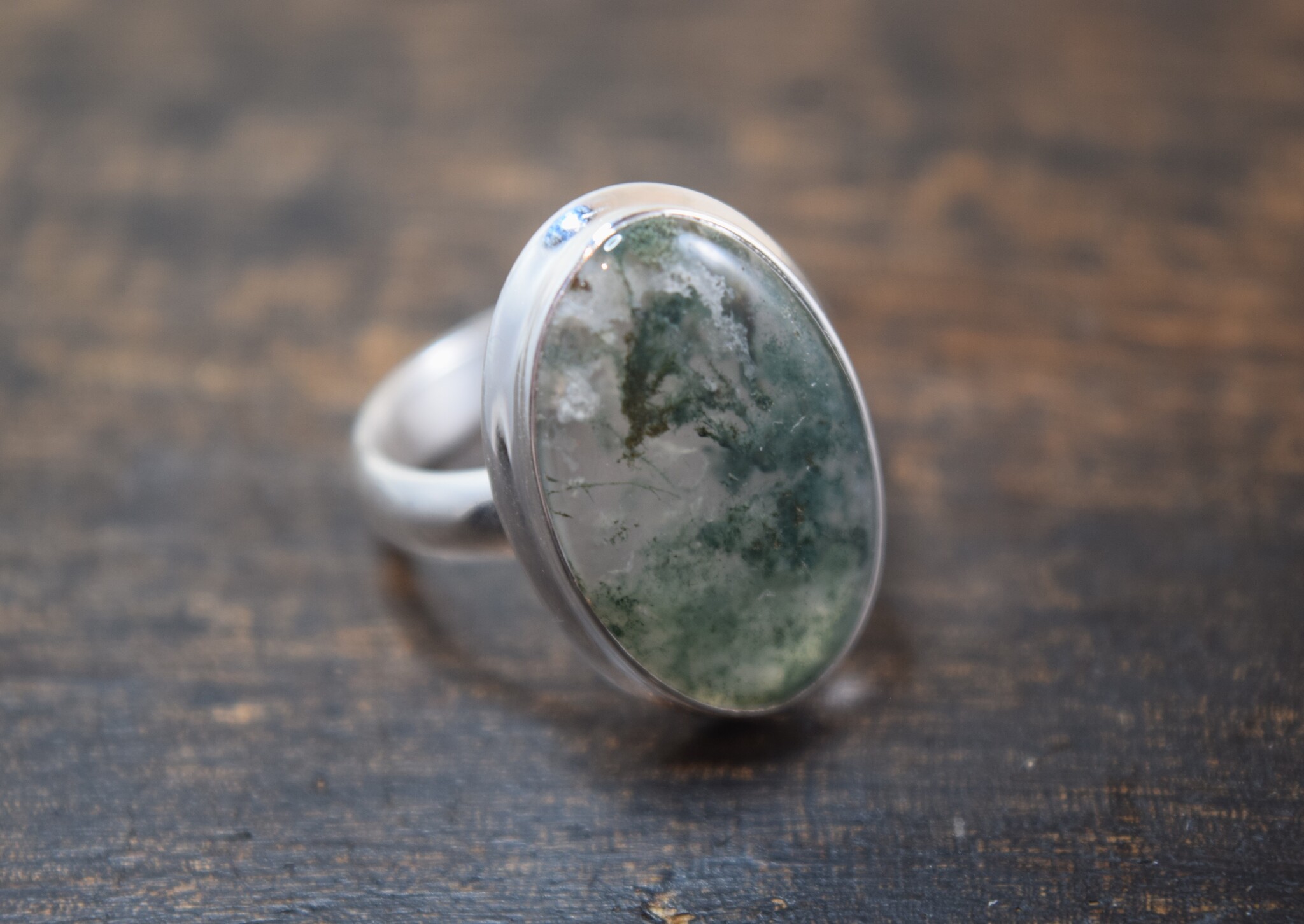 SS Moss Agate Ring Size 7