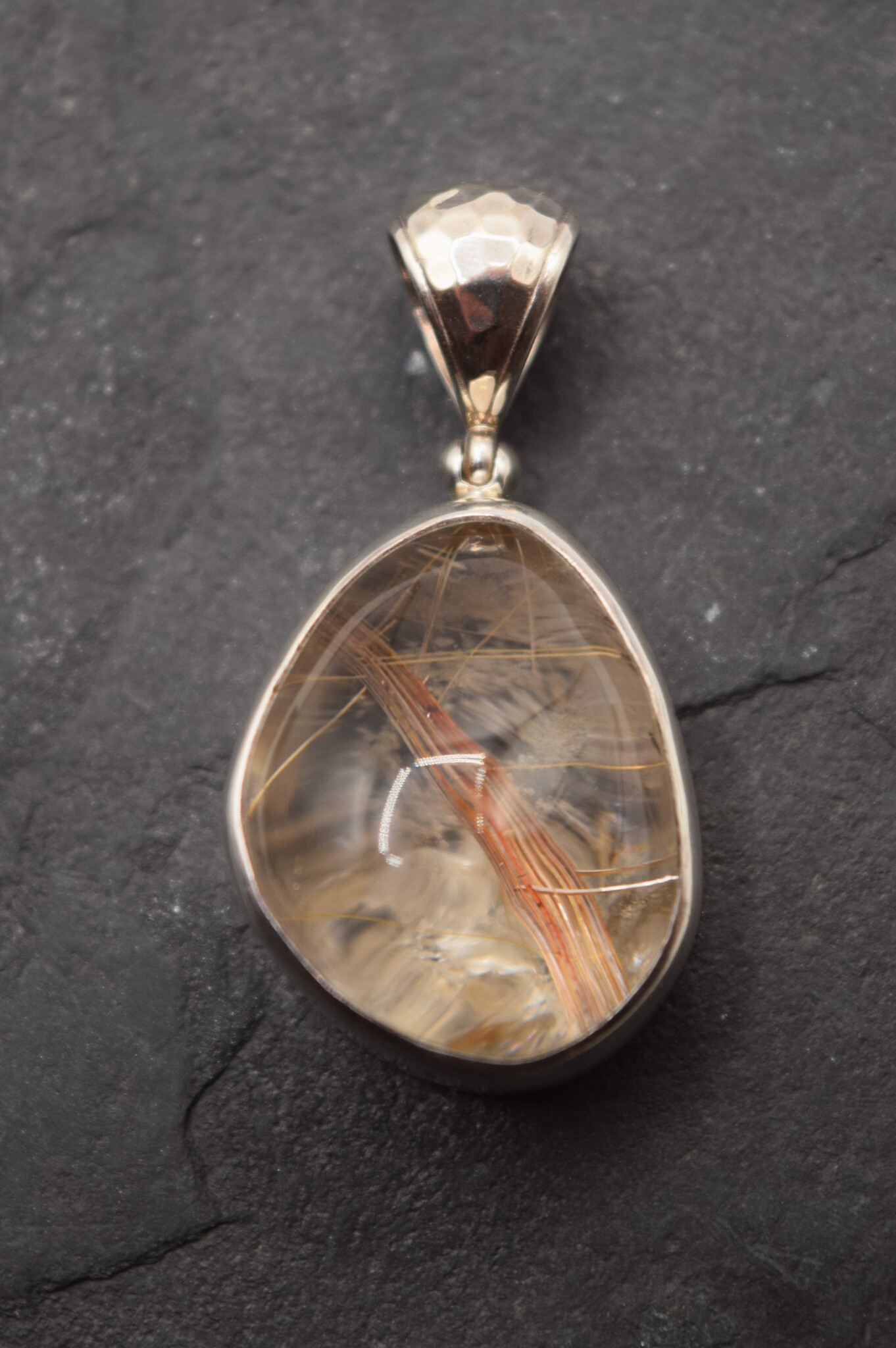 TWS SS Rutilated Lodolite with a Hammered-Hinged Bail Pendant