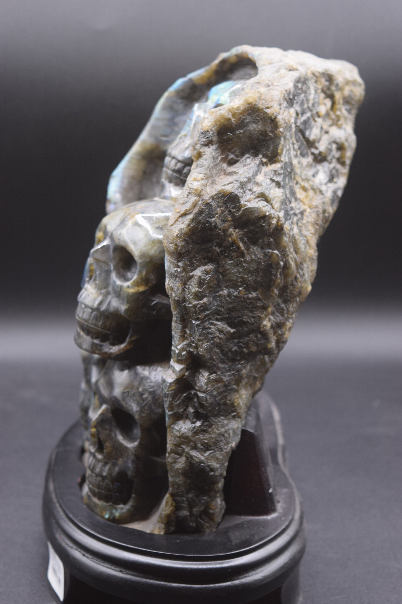 Labradorite 4-Skull Carving in Custom Wood Stand