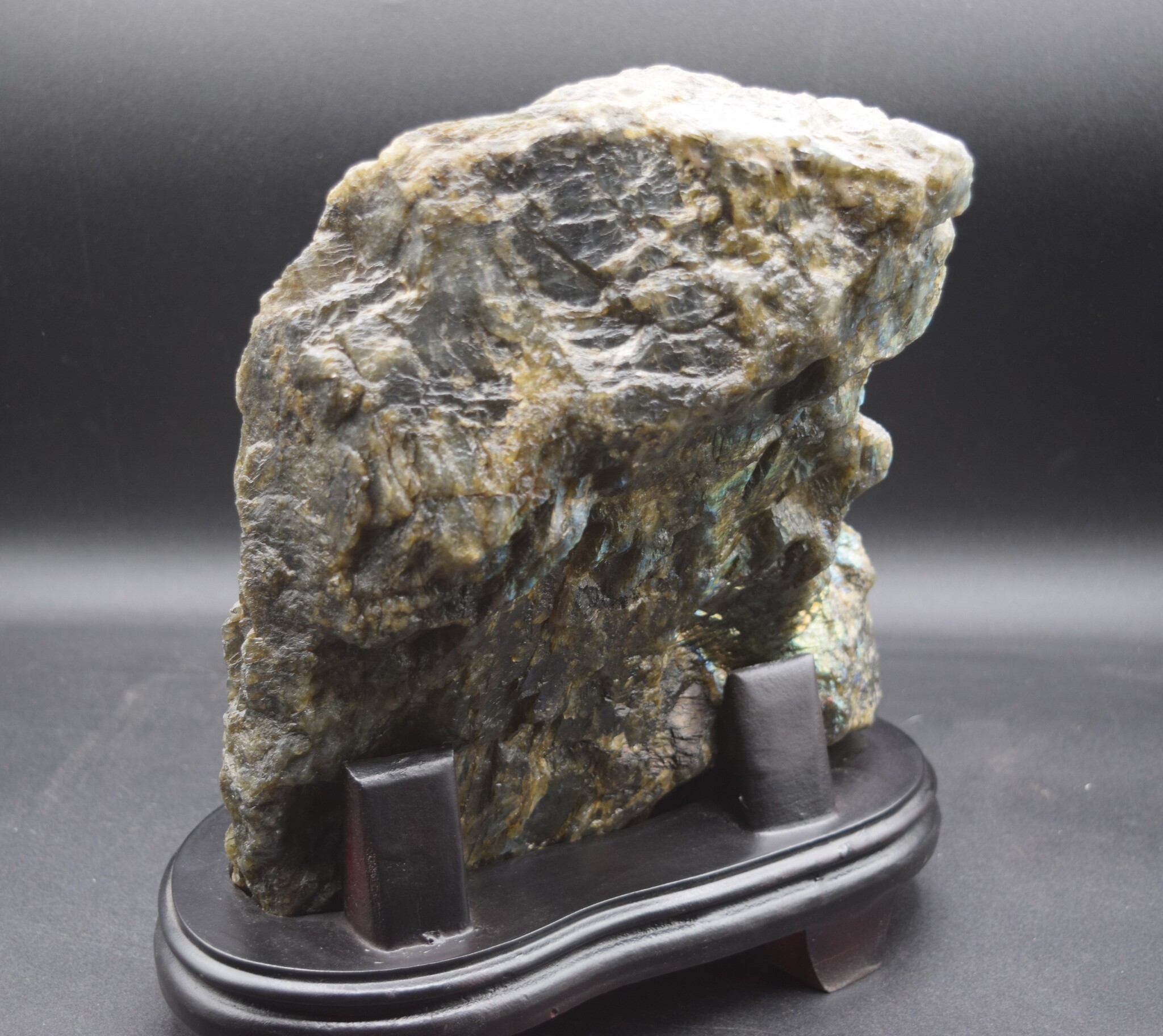 Labradorite 4-Skull Carving in Custom Wood Stand