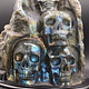 Labradorite 4-Skull Carving in Custom Wood Stand