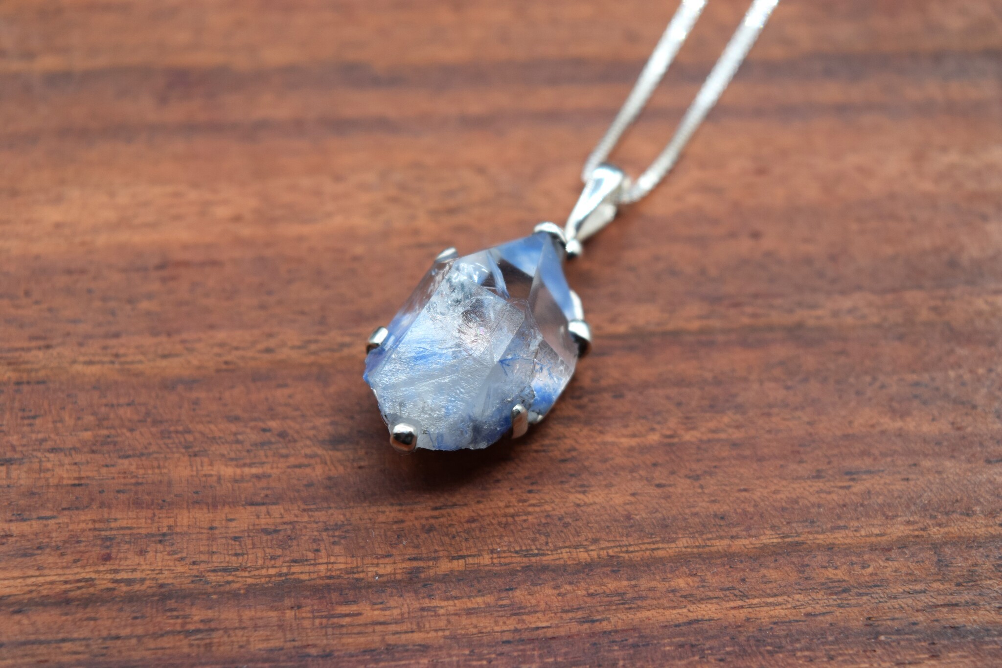 TWS SS Dumotierite Quartz Crystal 21mm Prong Set Pendant on 18" Chain