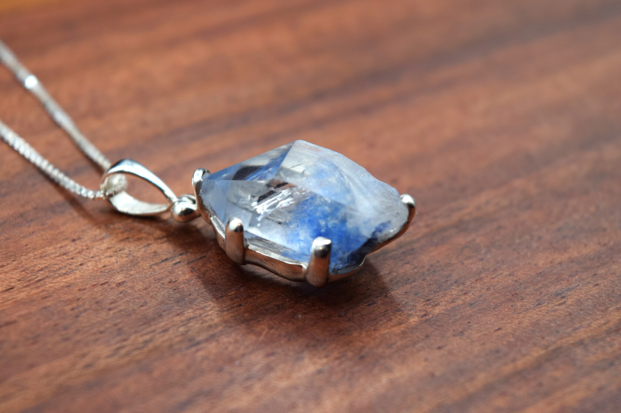 TWS SS Dumotierite Quartz Crystal 21mm Prong Set Pendant on 18" Chain