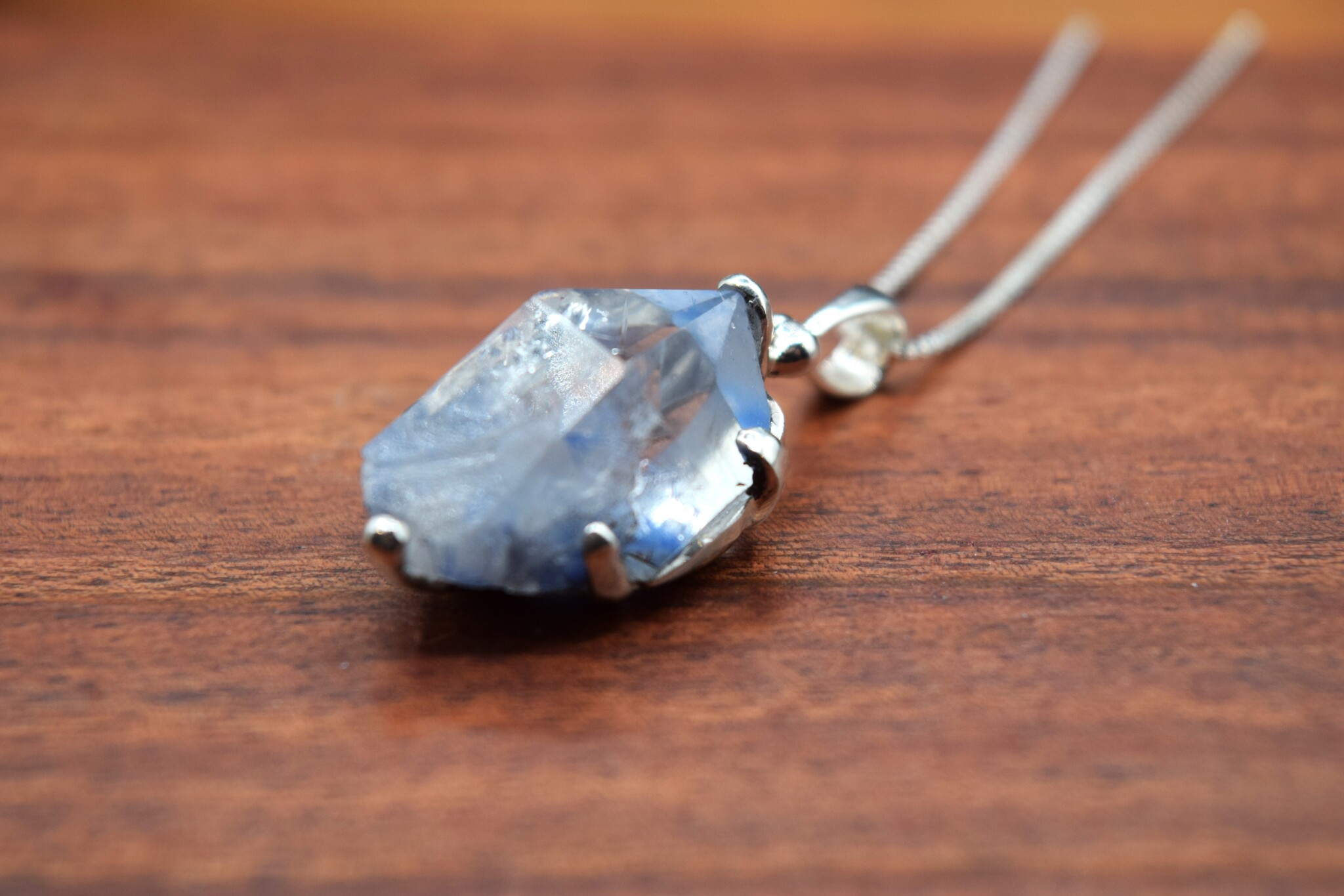 TWS SS Dumotierite Quartz Crystal 21mm Prong Set Pendant on 18" Chain