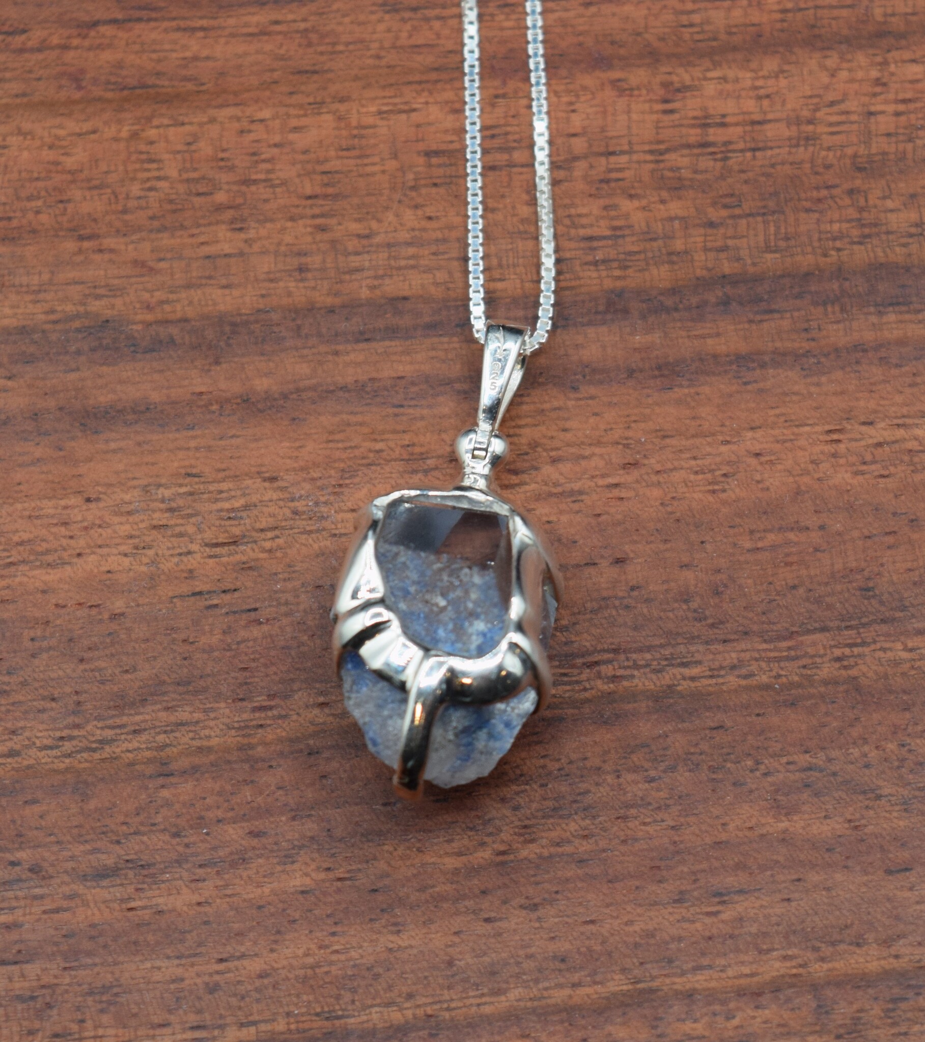 TWS SS Dumotierite Quartz Crystal 21mm Prong Set Pendant on 18" Chain