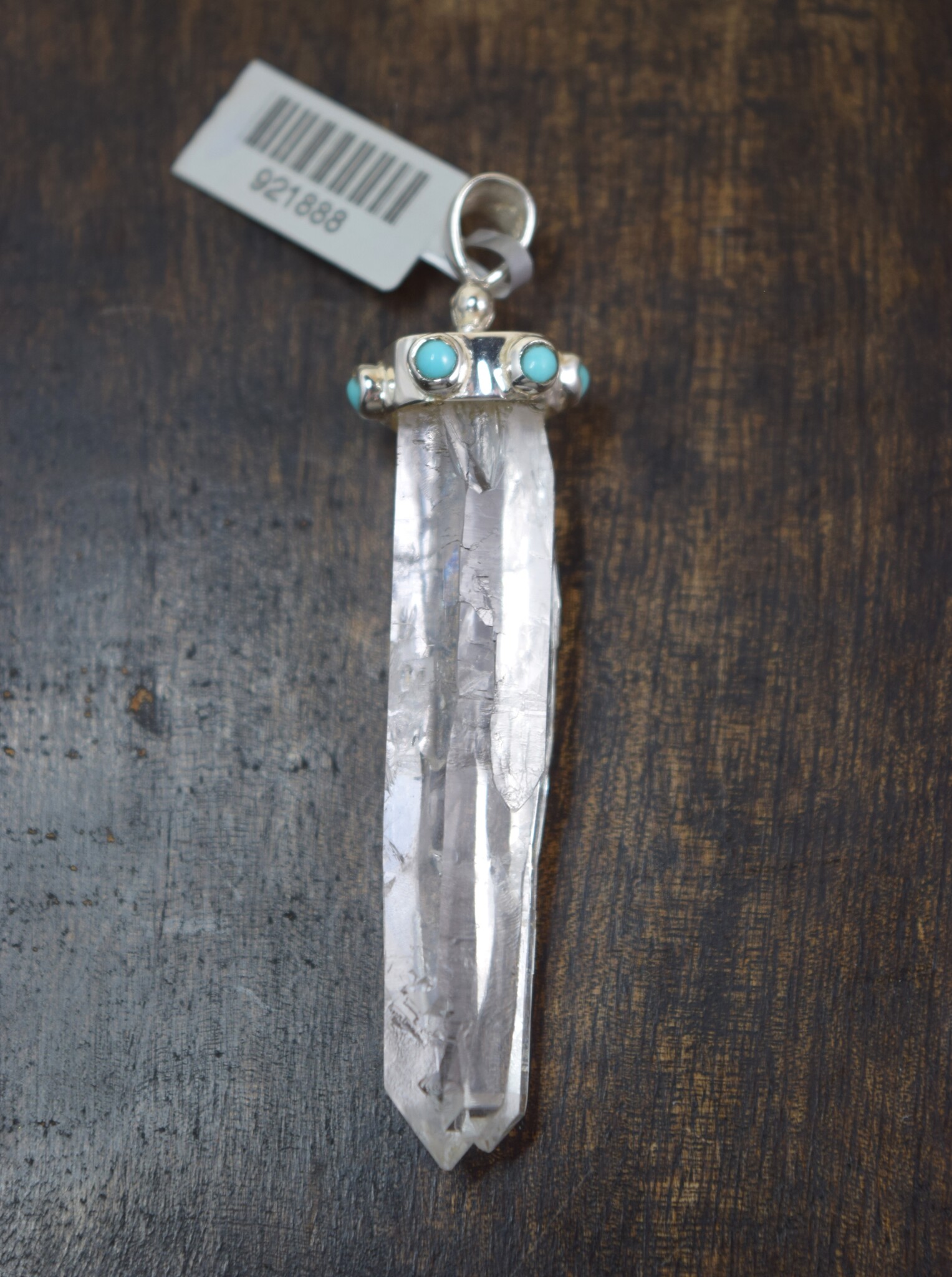 WEB: SS Laser Quartz Rough Point 60mm Silver Capped w/Six Turquoise Round Cab 3mm on Cap Pendant