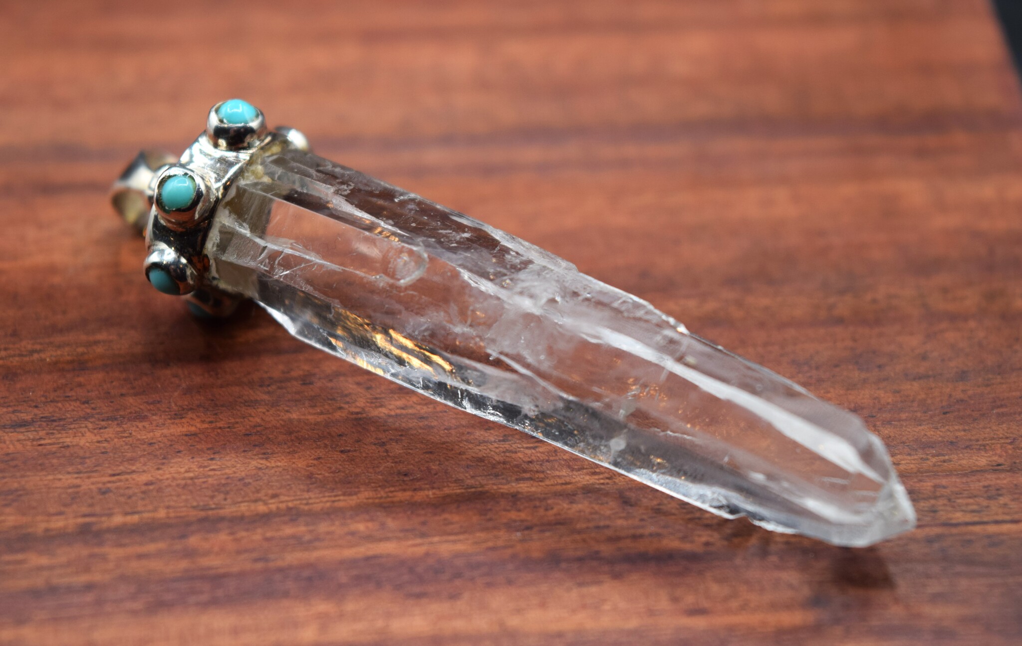 WEB: SS Laser Quartz Rough Point 60mm Silver Capped w/Six Turquoise Round Cab 3mm on Cap Pendant