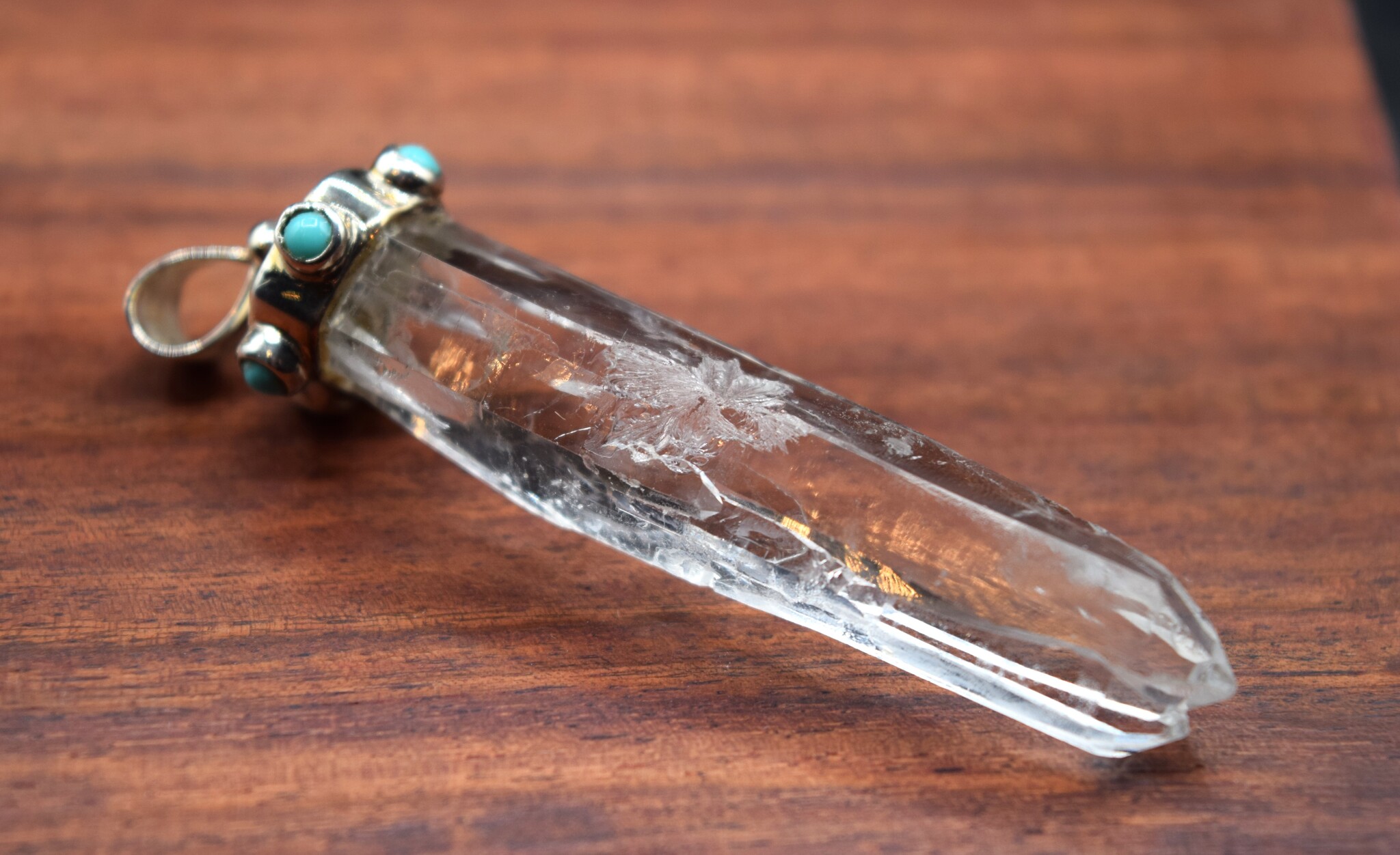 WEB: SS Laser Quartz Rough Point 60mm Silver Capped w/Six Turquoise Round Cab 3mm on Cap Pendant