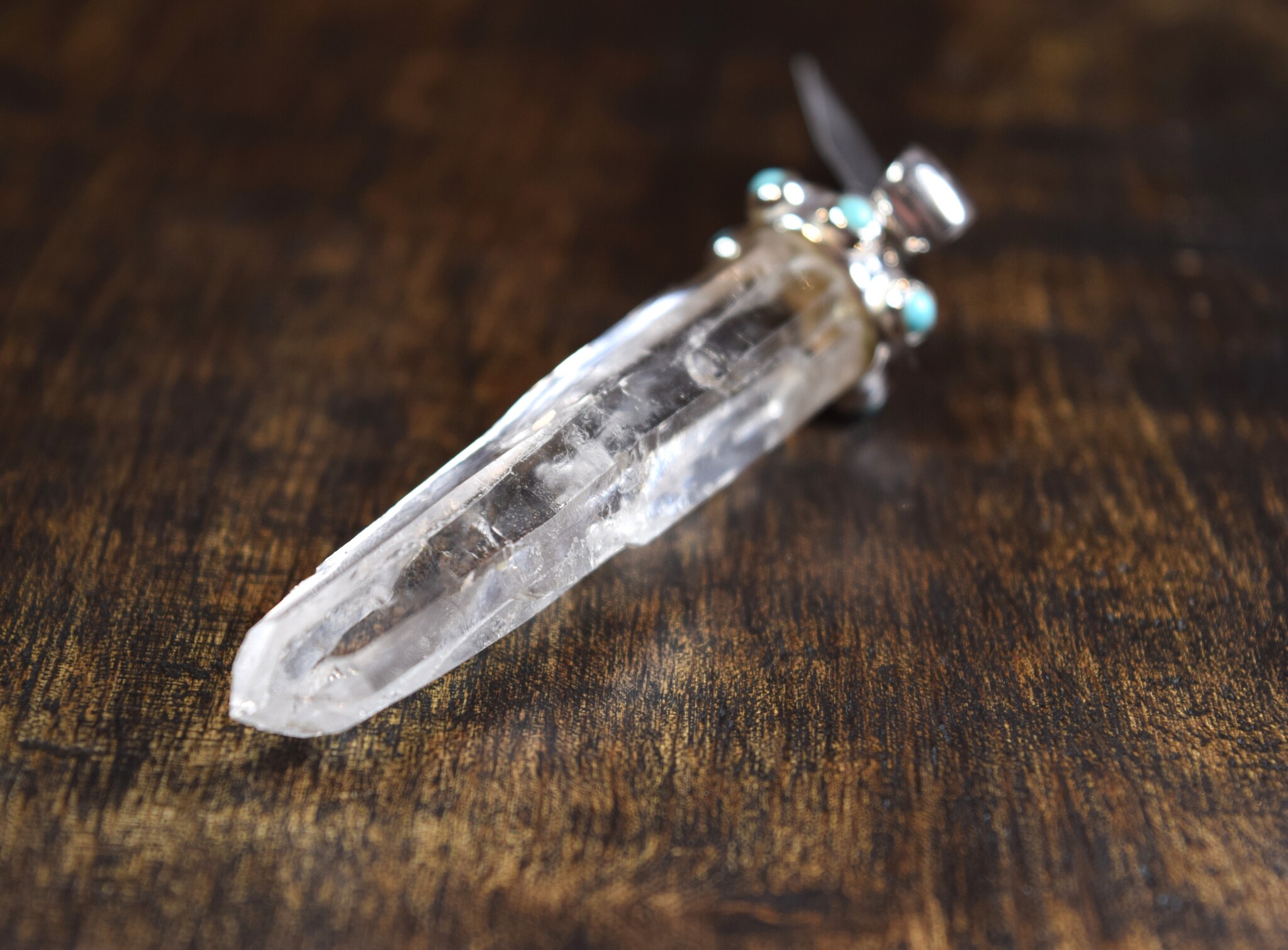 WEB: SS Laser Quartz Rough Point 60mm Silver Capped w/Six Turquoise Round Cab 3mm on Cap Pendant