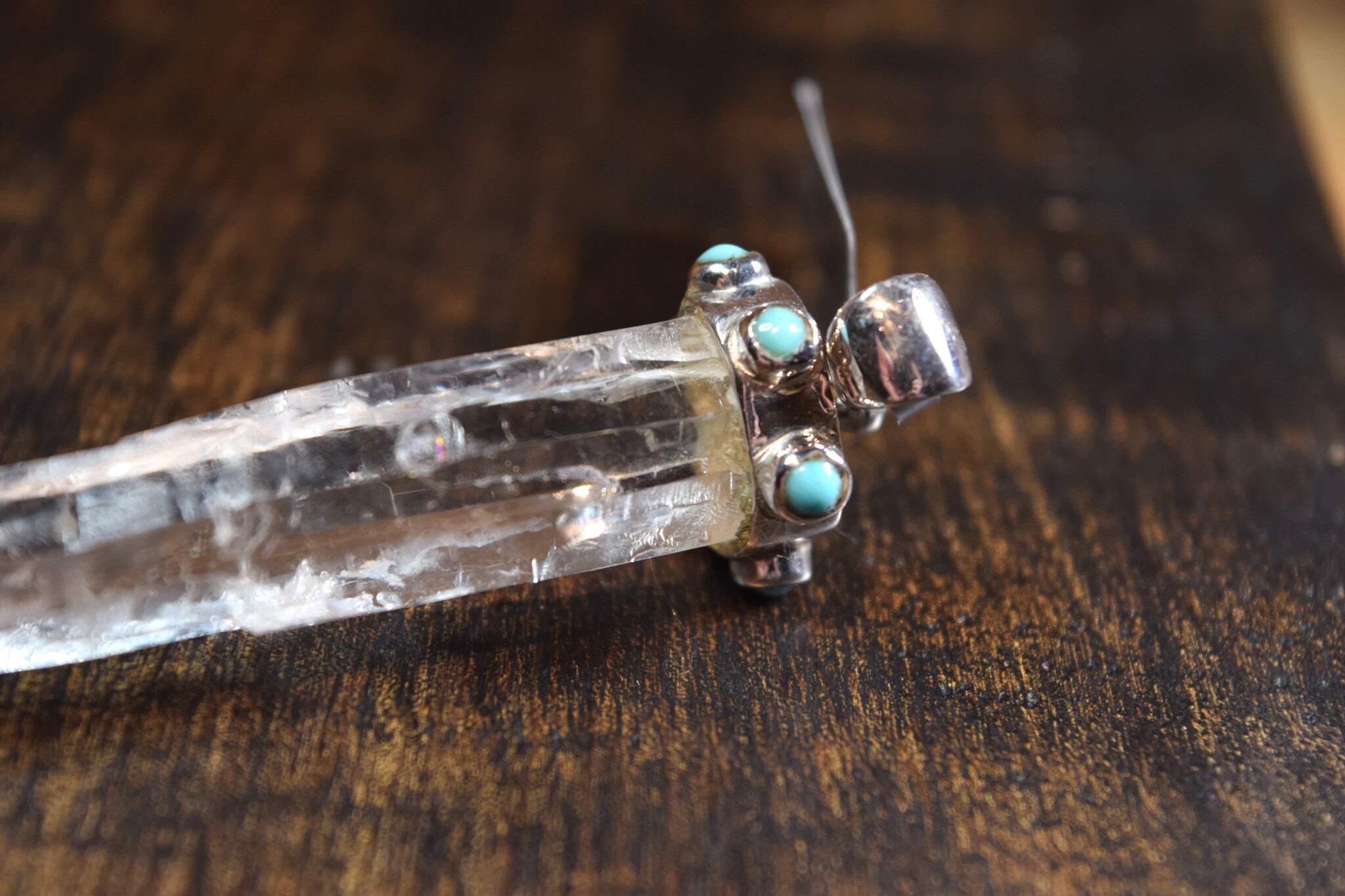 WEB: SS Laser Quartz Rough Point 60mm Silver Capped w/Six Turquoise Round Cab 3mm on Cap Pendant