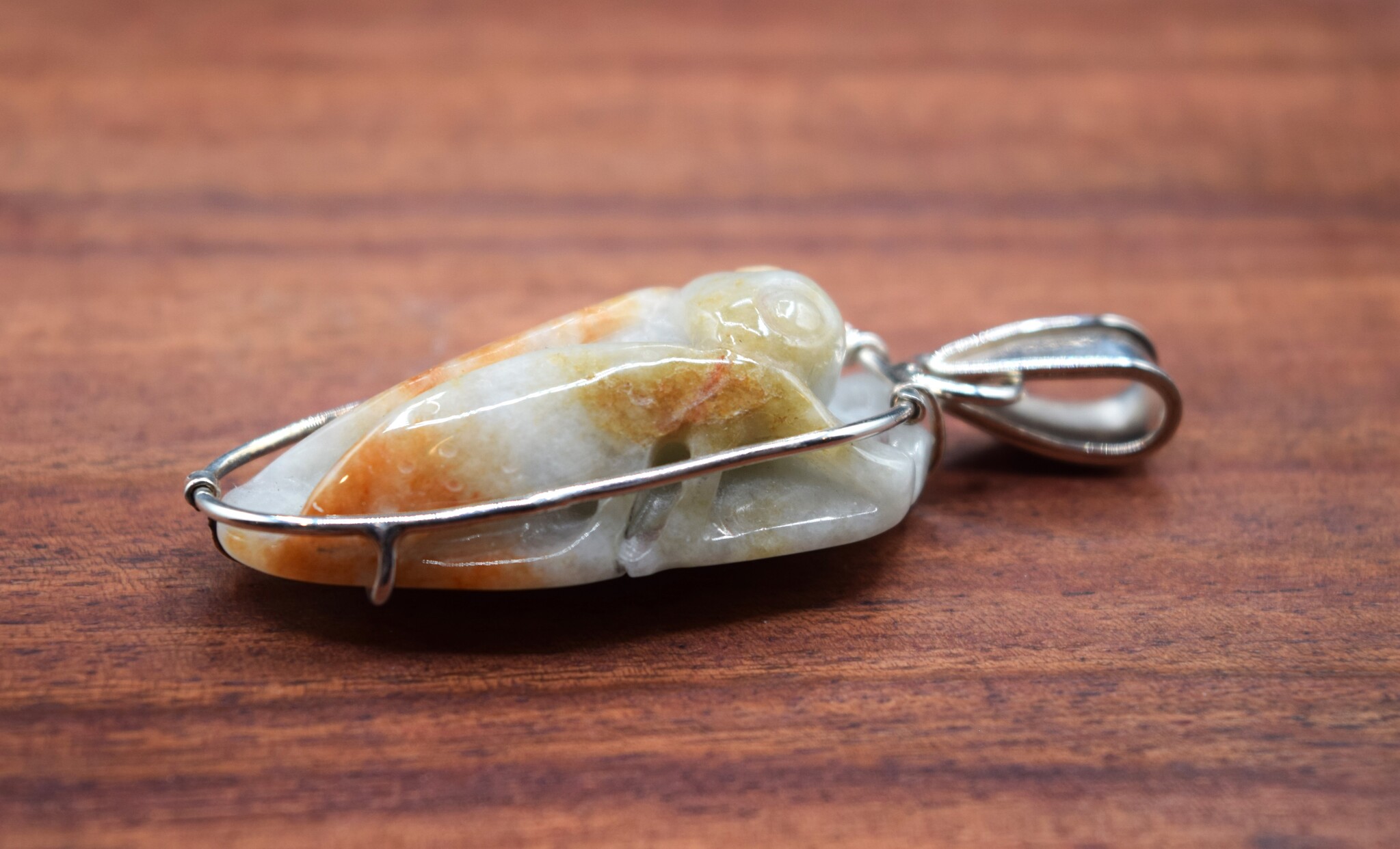 SS Burmese Jadeite Hand-Carved Insect Wire-Framed Pendant. Made by Local Artist: Bonnie AuBuchon
