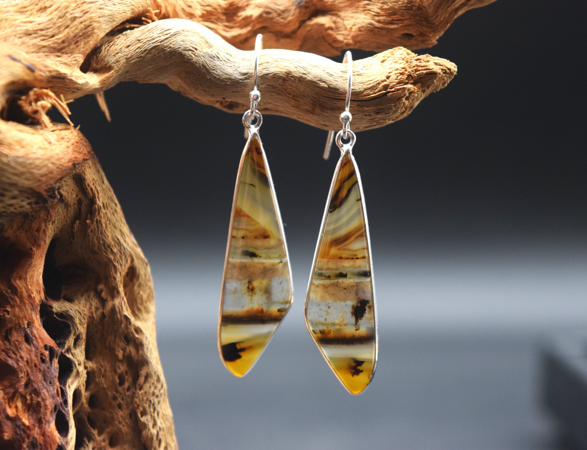 SS Montana Agate Triangular 40x12mm Cab Edge-Set Bezel Dangle Earrings