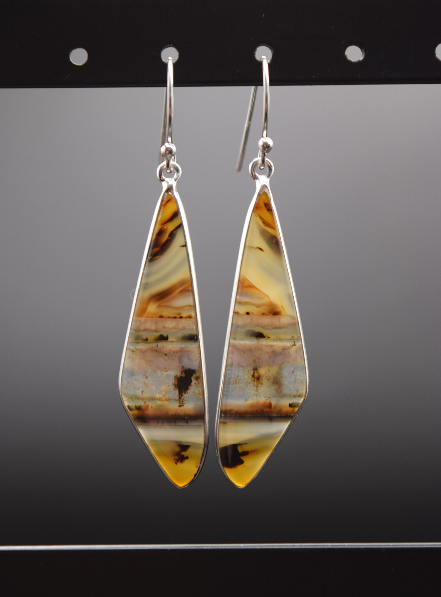 SS Montana Agate Triangular 40x12mm Cab Edge-Set Bezel Dangle Earrings
