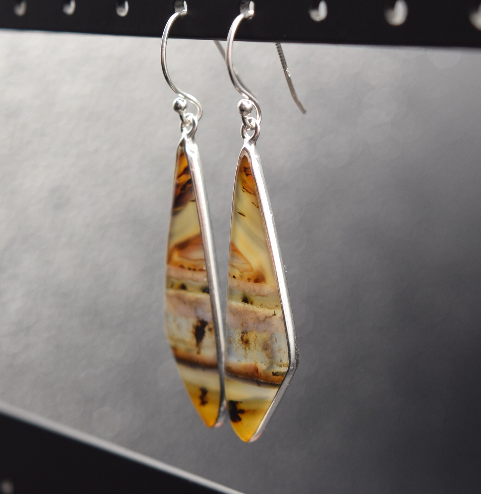 SS Montana Agate Triangular 40x12mm Cab Edge-Set Bezel Dangle Earrings