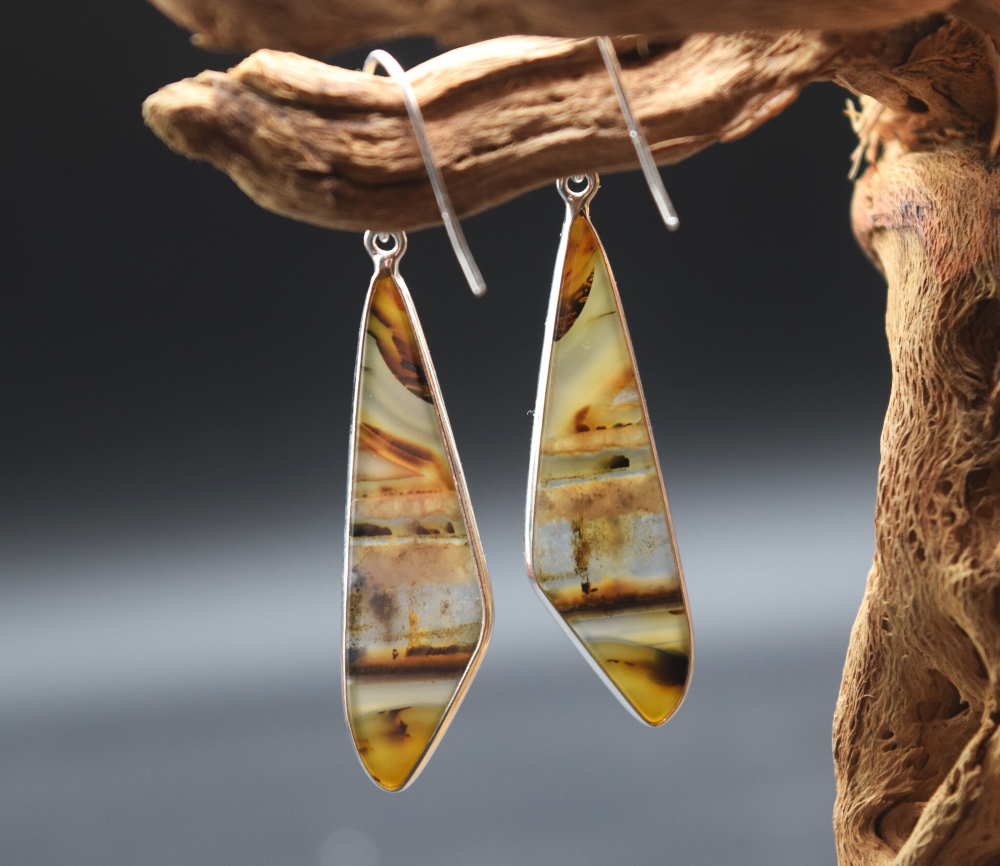 SS Montana Agate Triangular 40x12mm Cab Edge-Set Bezel Dangle Earrings