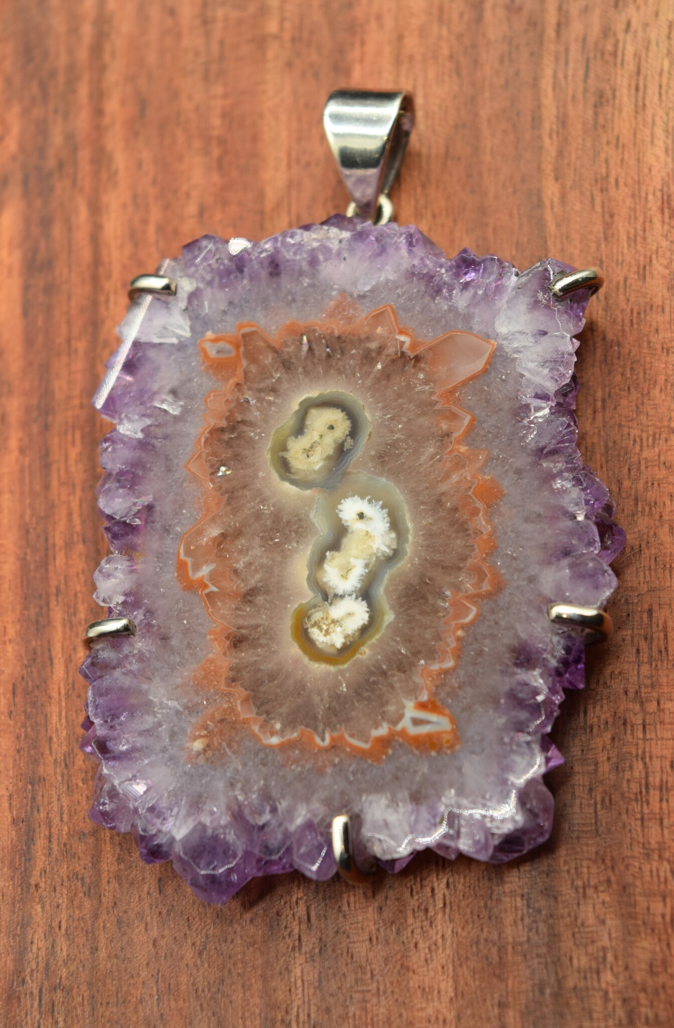 VIT 005 SS Amethyst Stalactite 72mm Slice Custom Frame and Prong Set Pendant