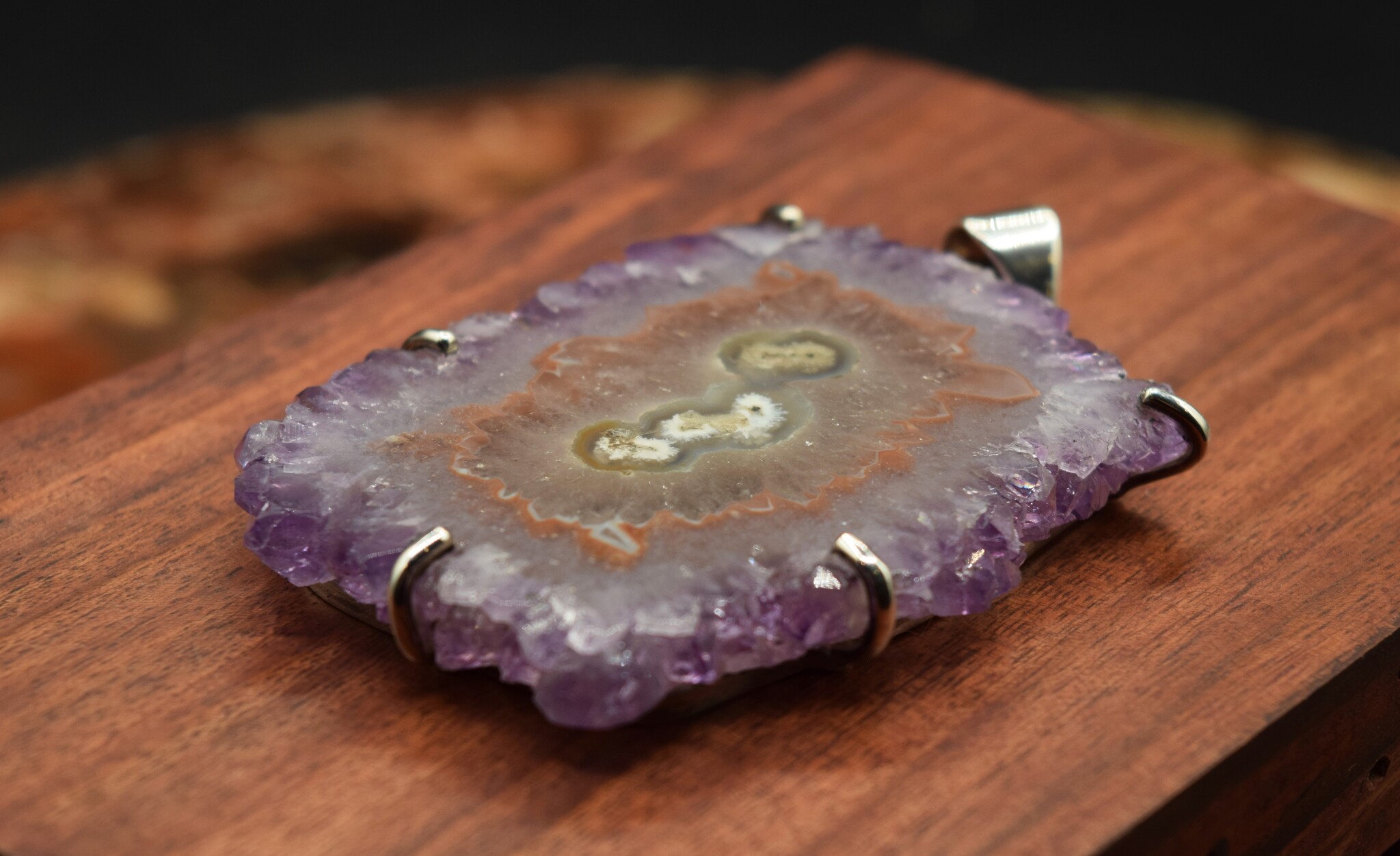 VIT 005 SS Amethyst Stalactite 72mm Slice Custom Frame and Prong Set Pendant