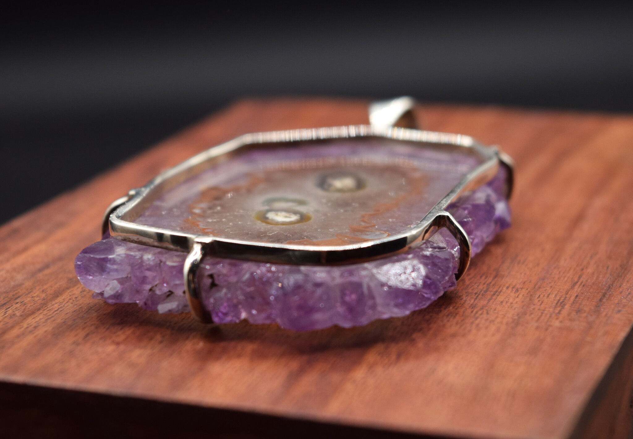 VIT 005 SS Amethyst Stalactite 72mm Slice Custom Frame and Prong Set Pendant