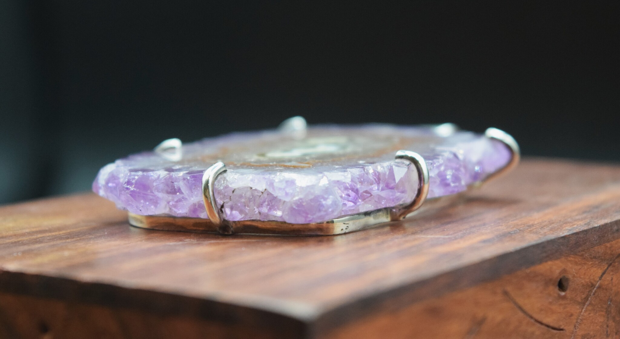 VIT 005 SS Amethyst Stalactite 72mm Slice Custom Frame and Prong Set Pendant