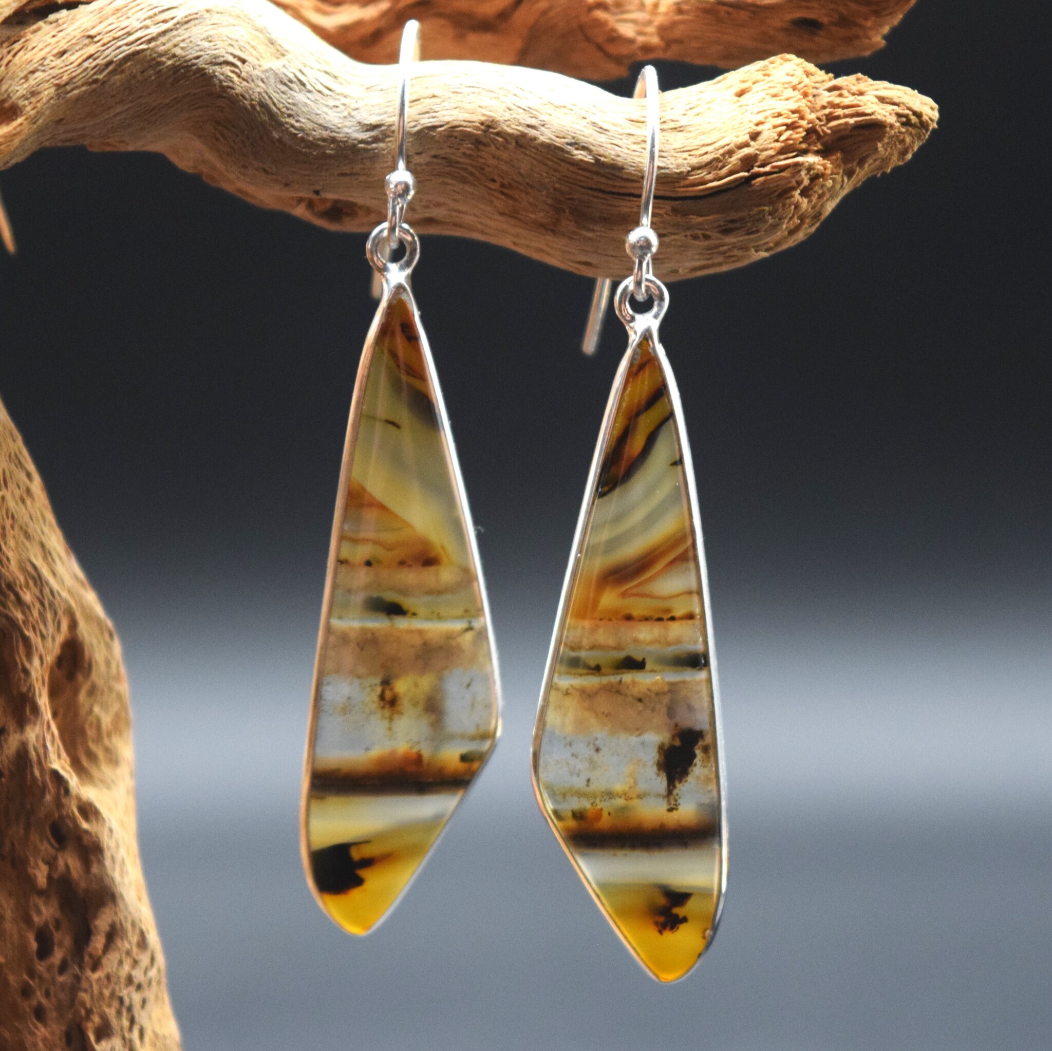SS Montana Agate Triangular 40x12mm Cab Edge-Set Bezel Dangle Earrings