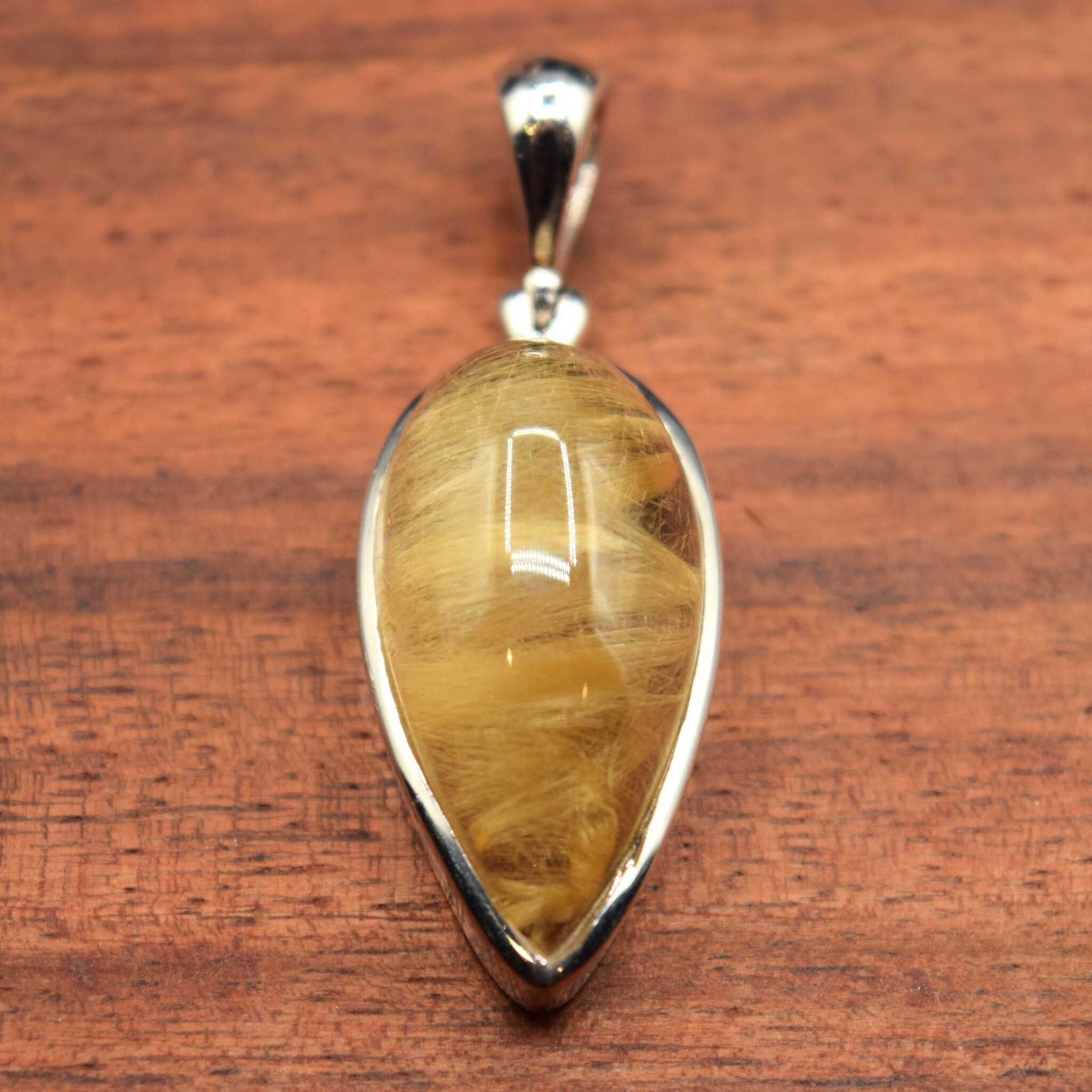 SS Gold Rutilated Quartz 28mm Pear Shaped Cab Bezel Set Pendant