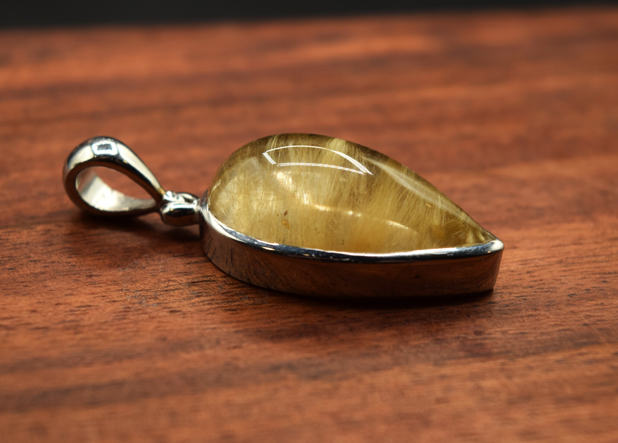 SS Gold Rutilated Quartz 28mm Pear Shaped Cab Bezel Set Pendant