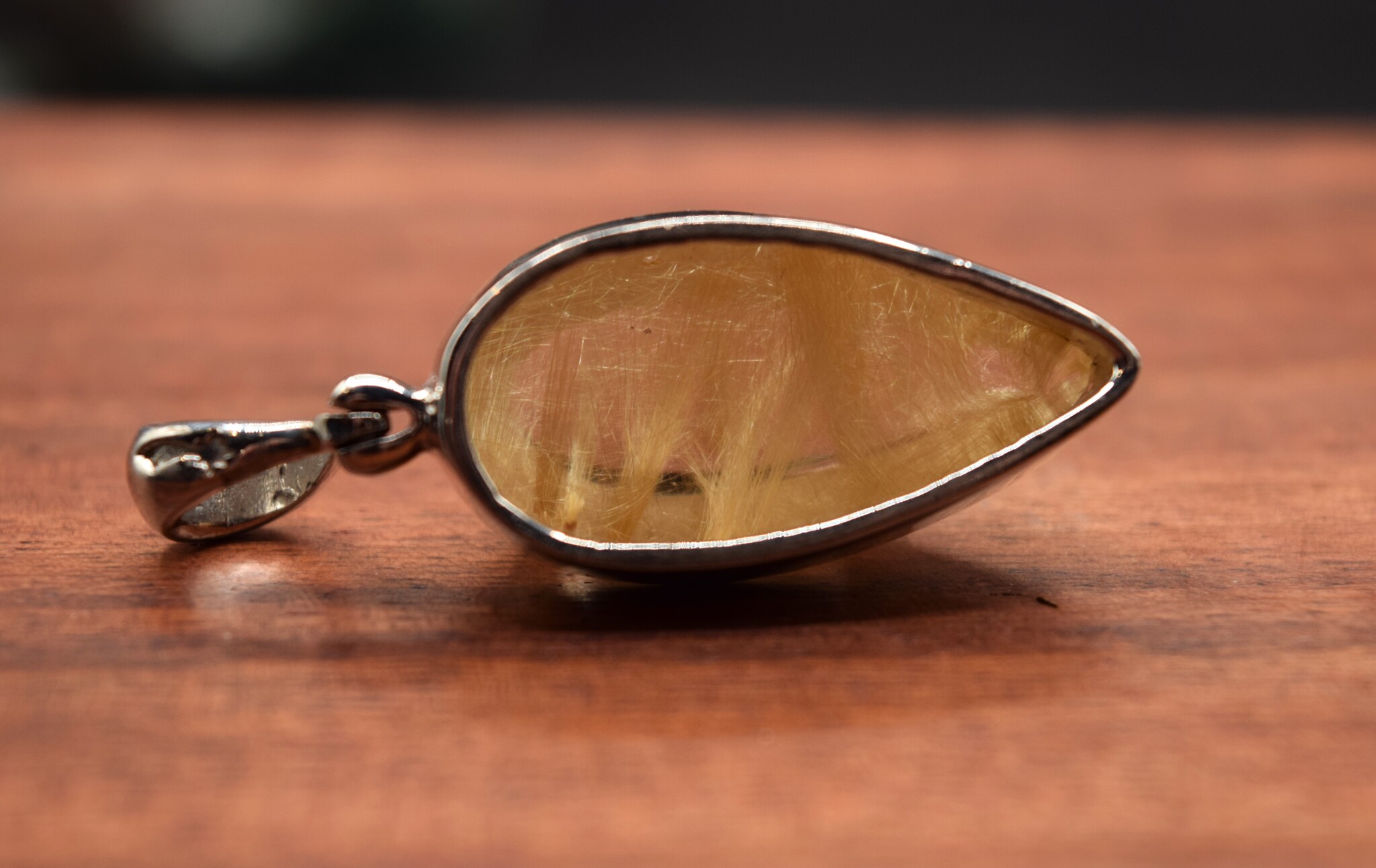 SS Gold Rutilated Quartz 28mm Pear Shaped Cab Bezel Set Pendant