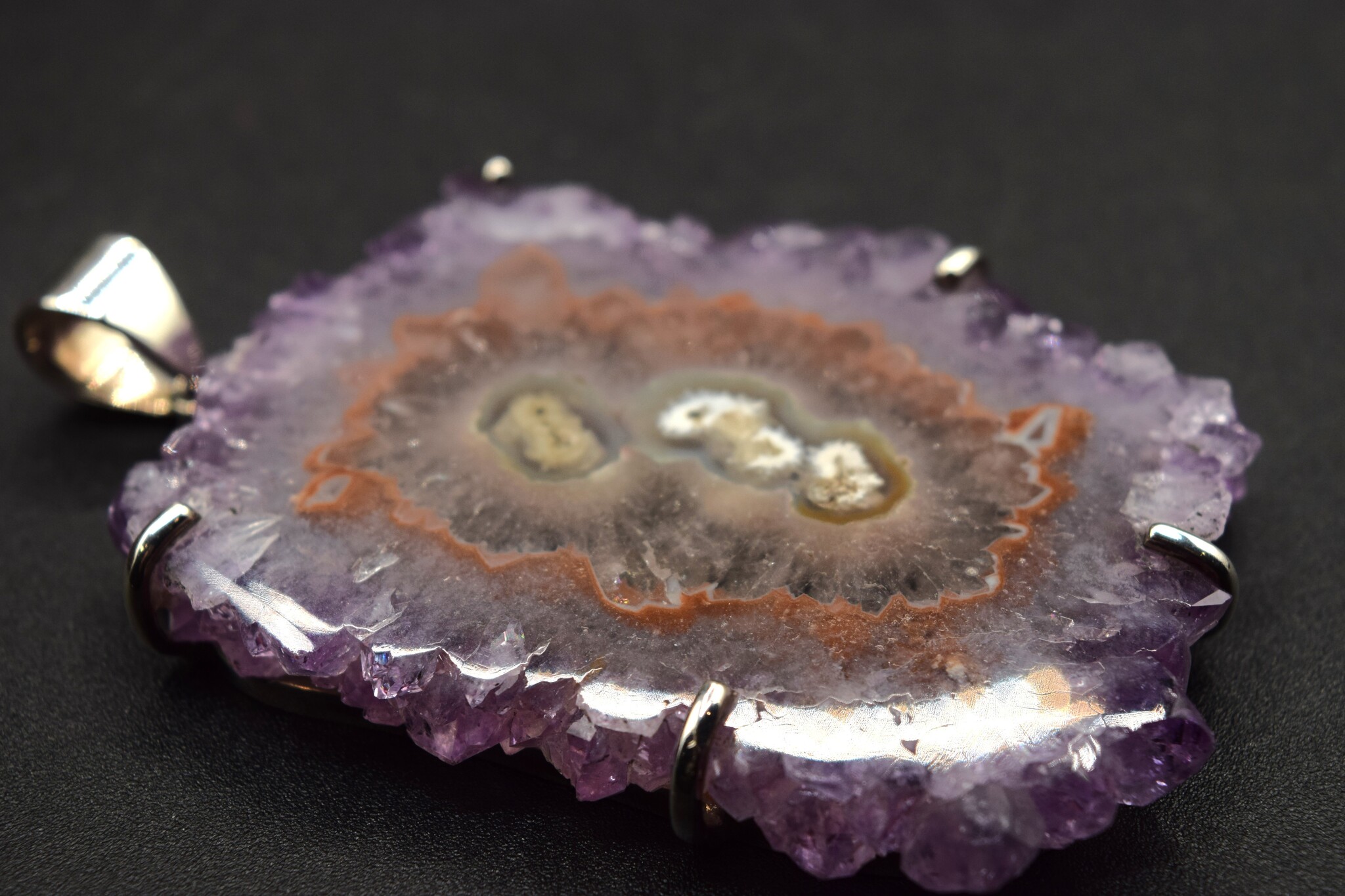 VIT 005 SS Amethyst Stalactite 72mm Slice Custom Frame and Prong Set Pendant