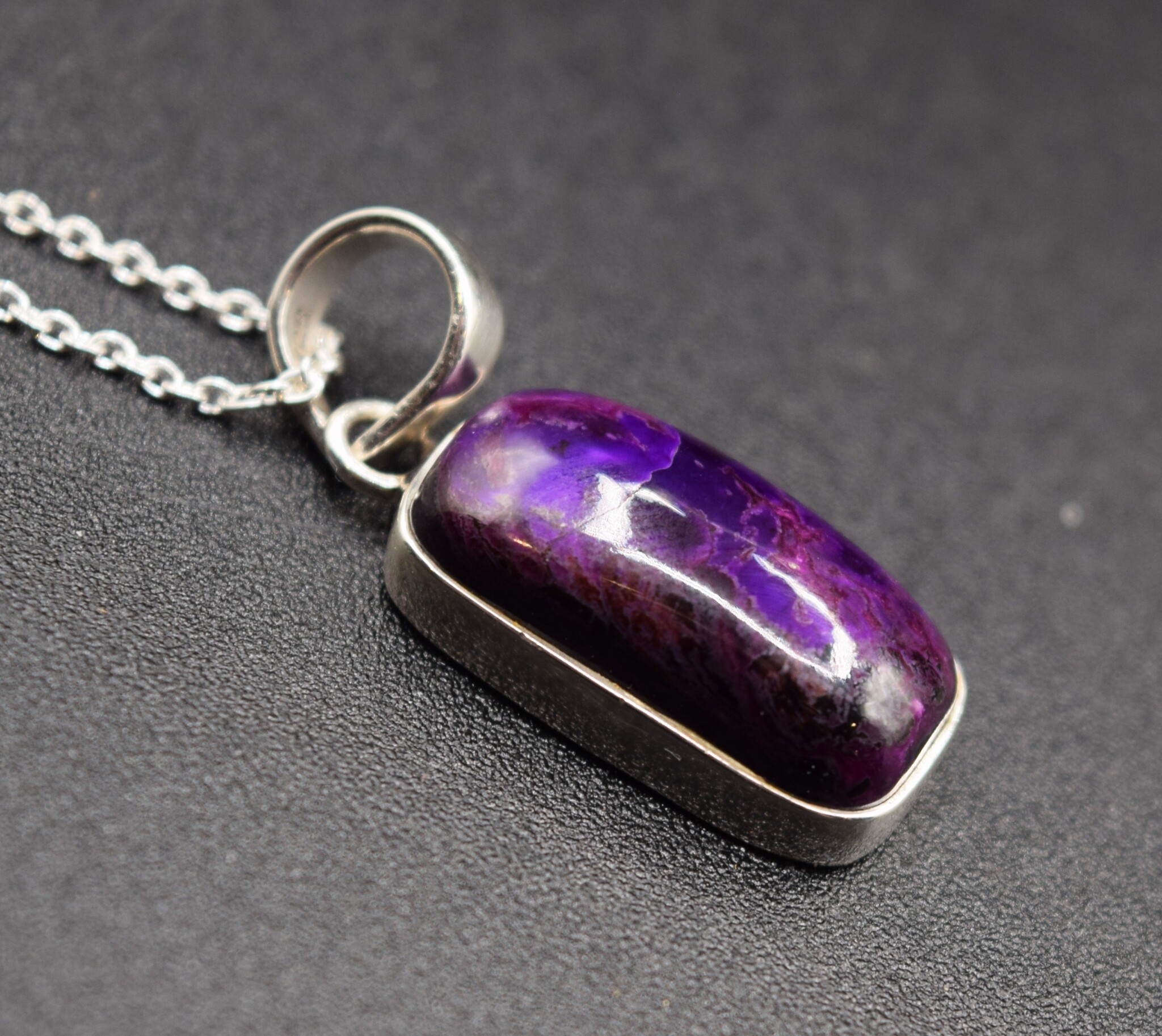 SS Sugilite 20mm Rectangular Bezel Set Pendant on 18" Chain