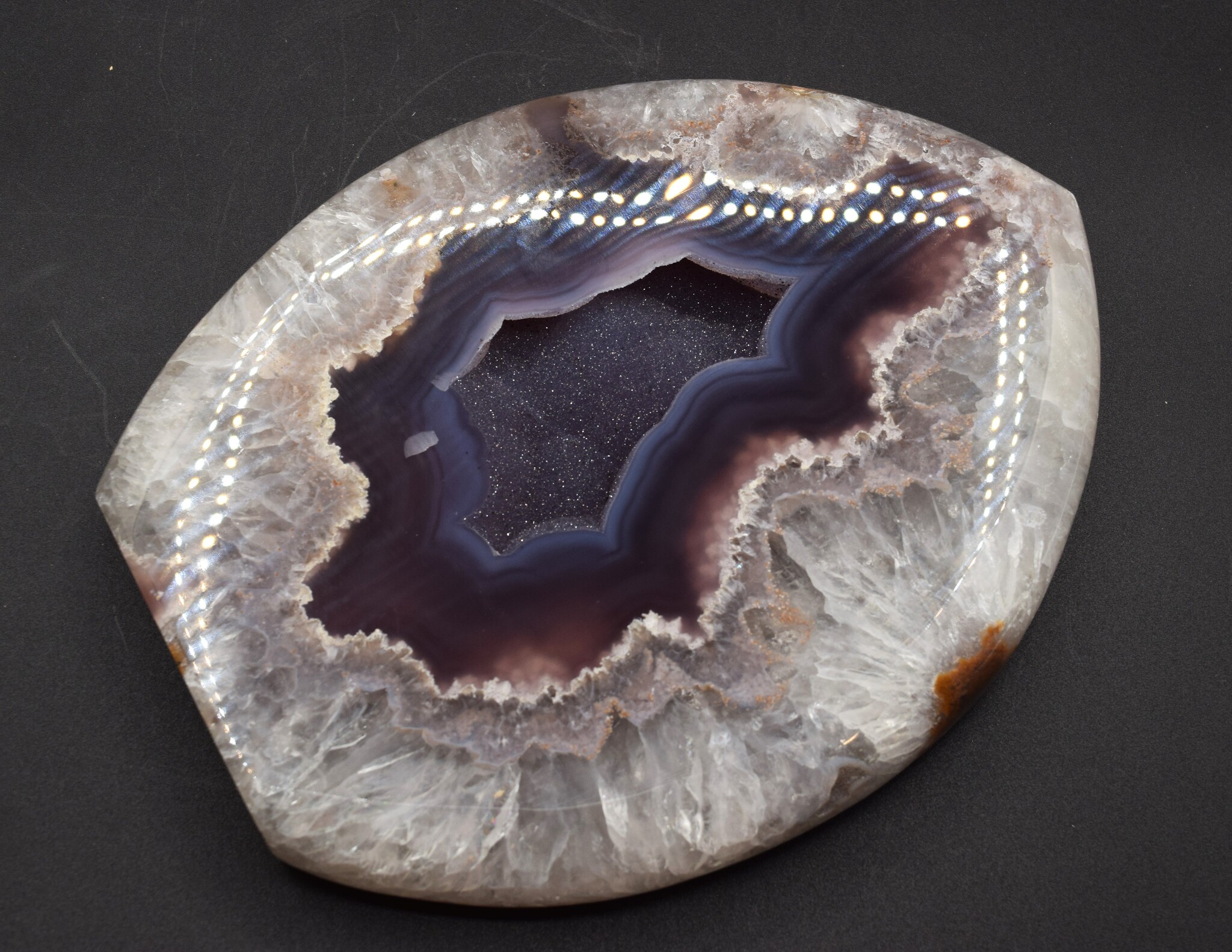 Quartz + Agate 2.96kg Polished Flame w/ Druzy on Black Base
